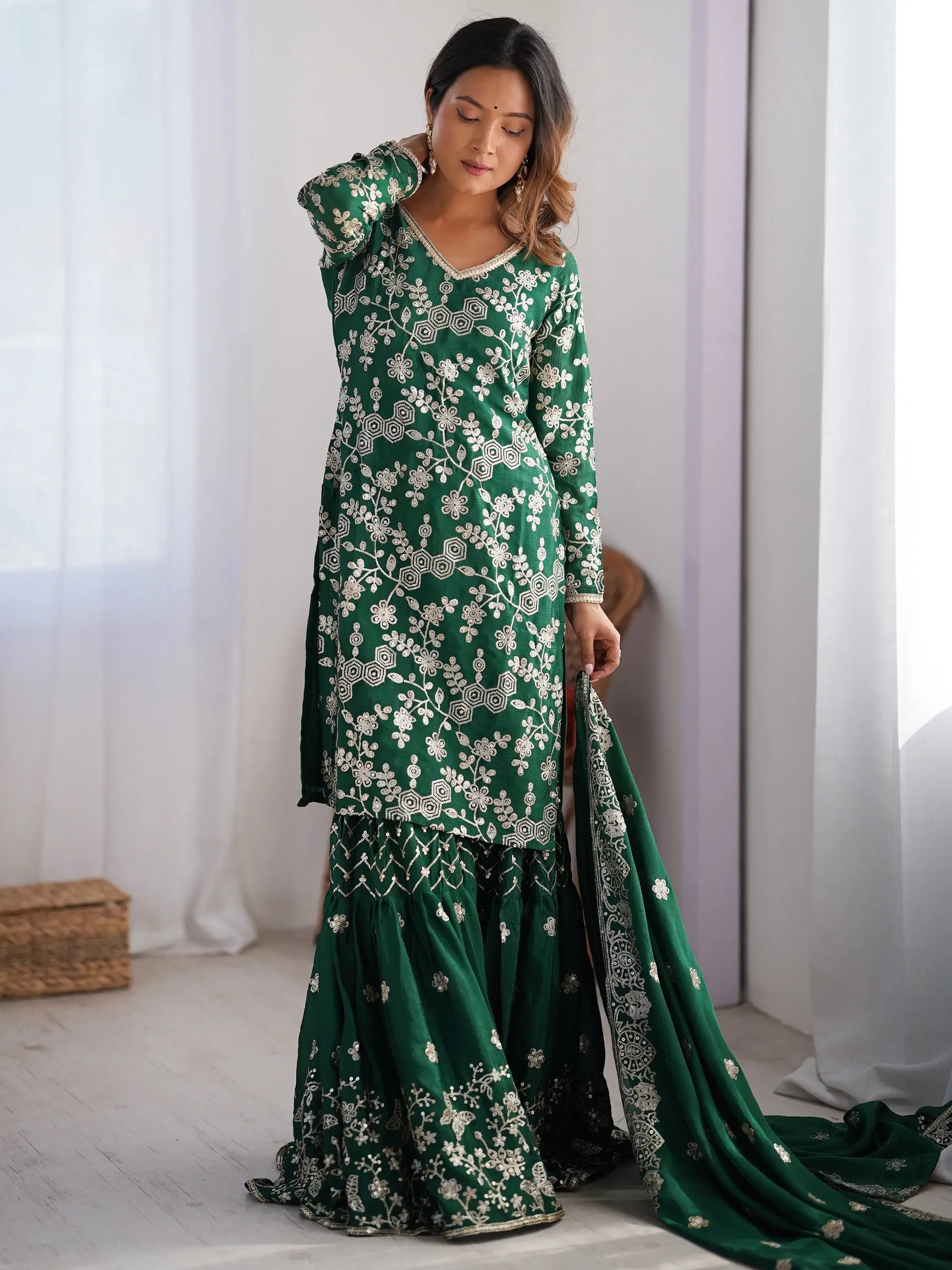Precious Green Thread Work Chinon Festival Wear Sharara Suit - Zeel Clothing