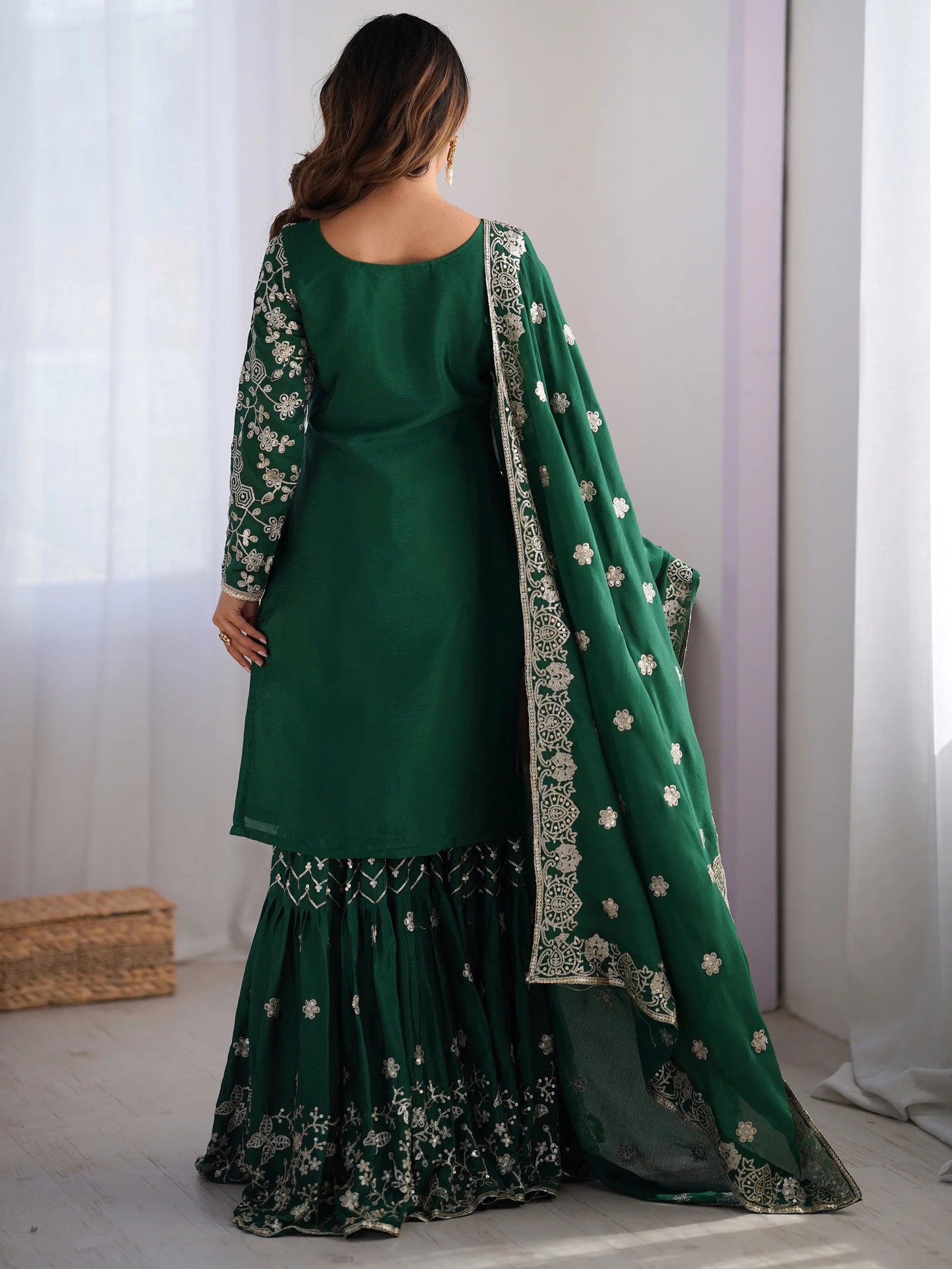 Precious Green Thread Work Chinon Festival Wear Sharara Suit - Zeel Clothing