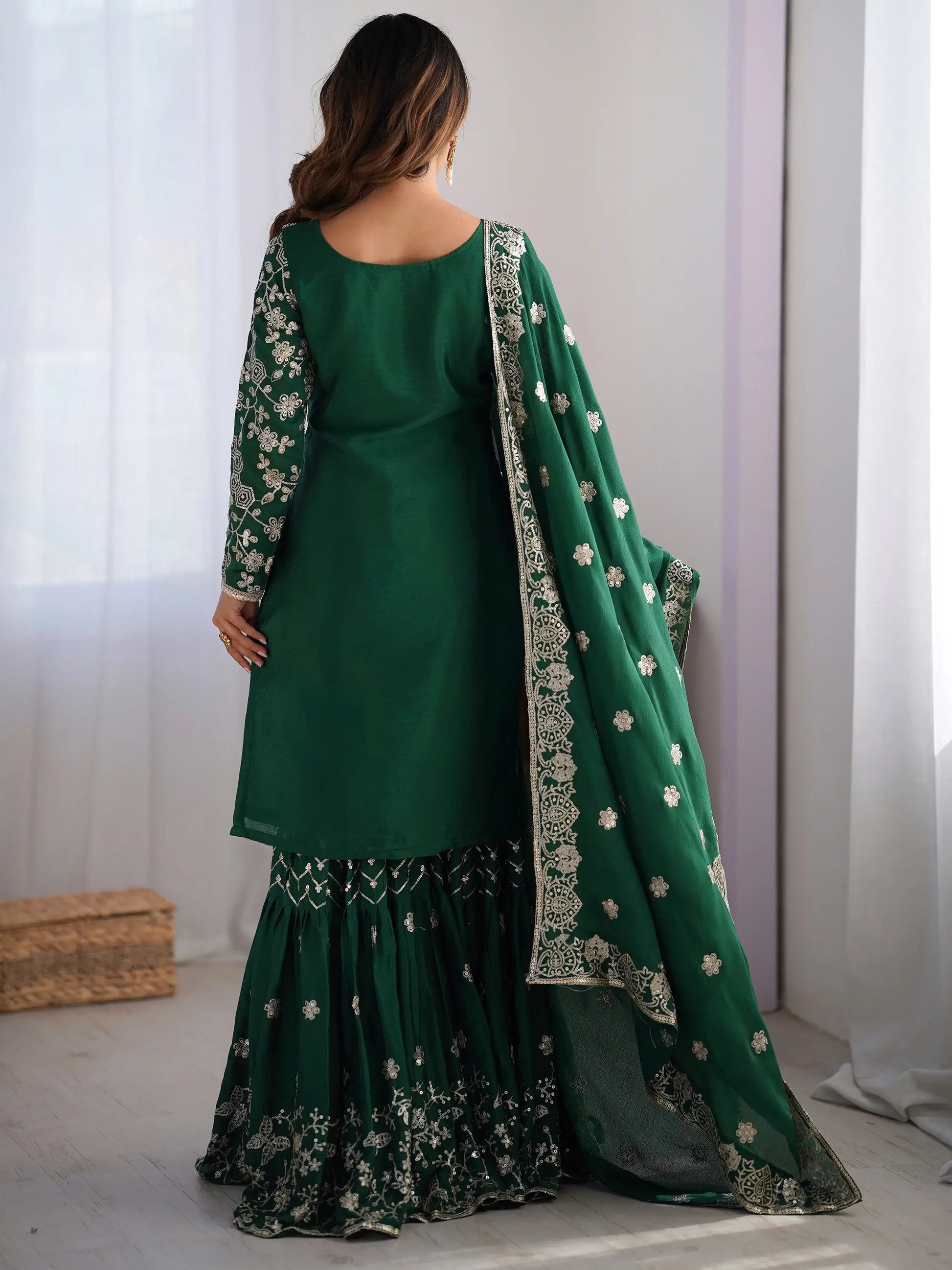 Precious Green Thread Work Chinon Festival Wear Sharara Suit - Zeel Clothing