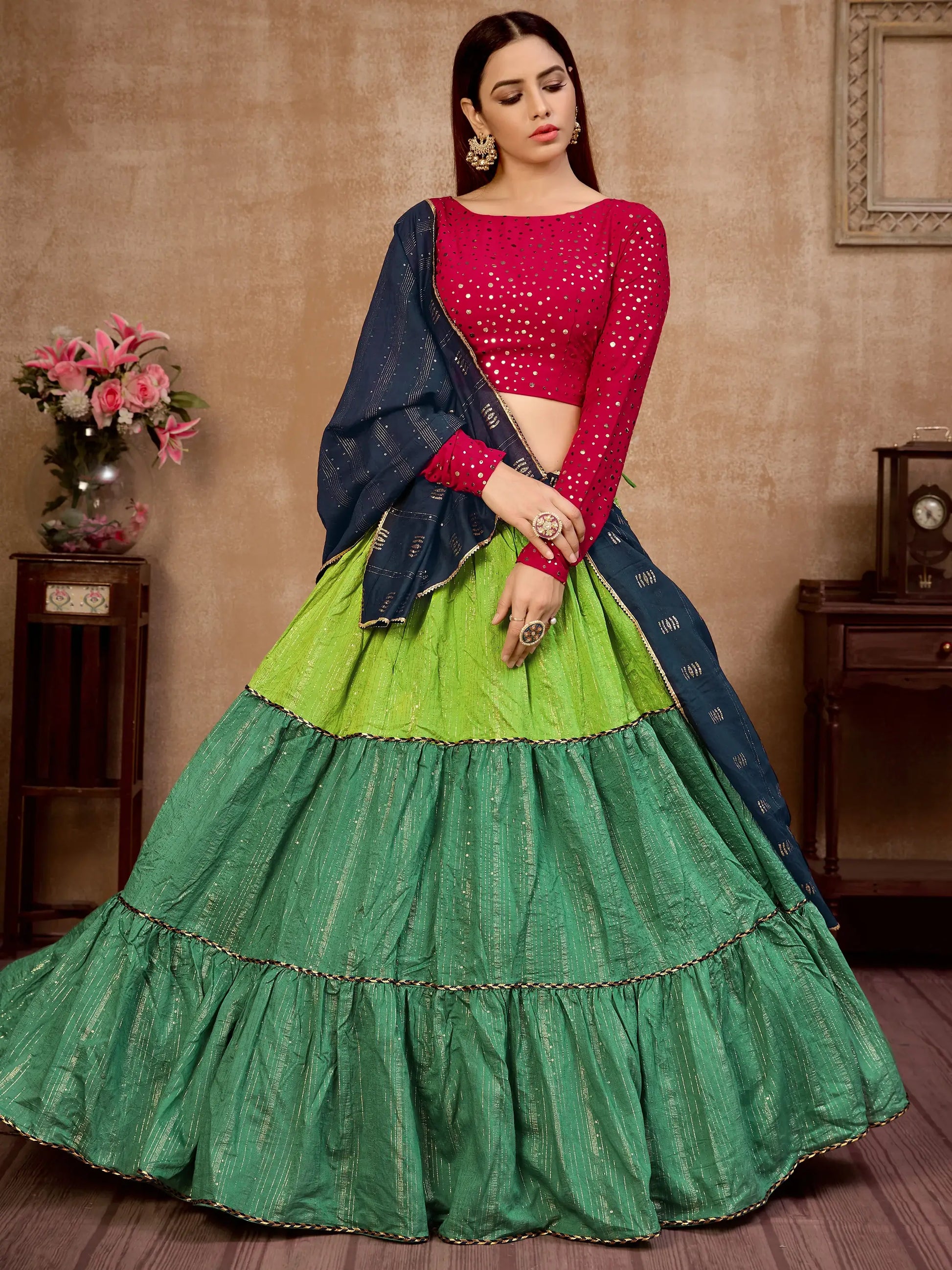 Precious Green Zari Work Cotton Wedding Lehenga Choli With Dupatta - Zeel Clothing