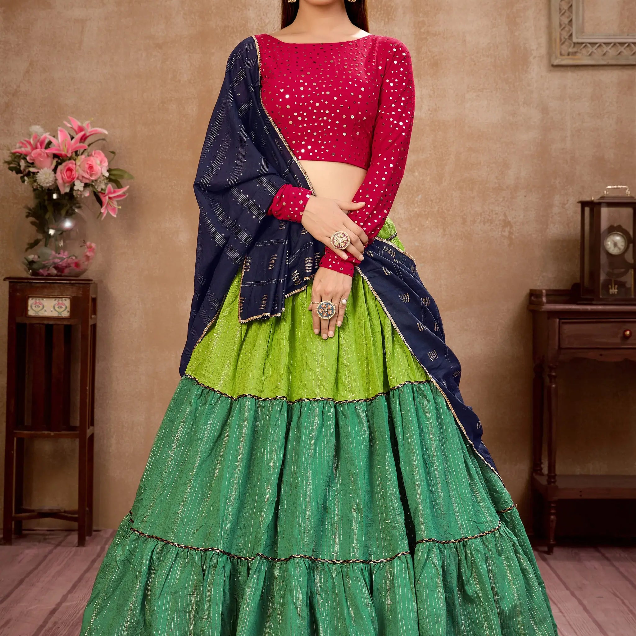 Precious Green Zari Work Cotton Wedding Lehenga Choli With Dupatta - Zeel Clothing
