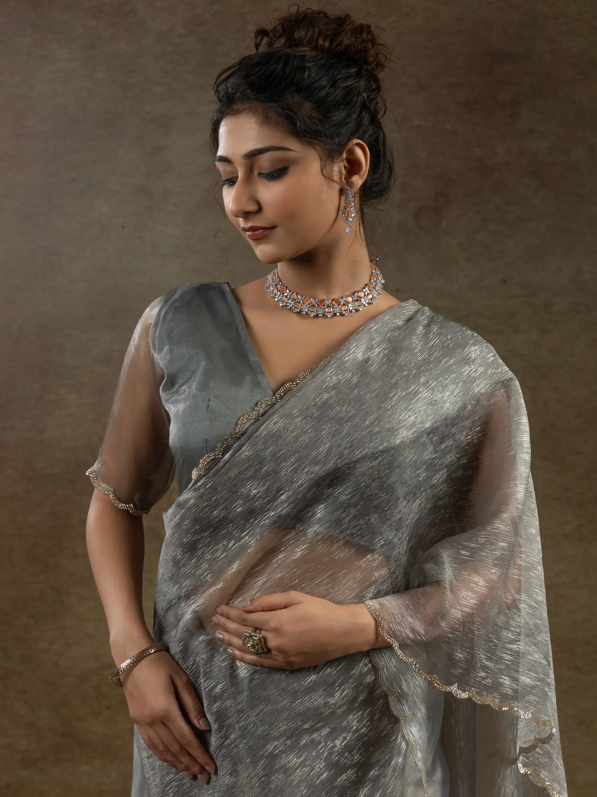 Precious Grey Zari Weaving Organza Event Wear Pre-Stitched Saree - Zeel Clothing