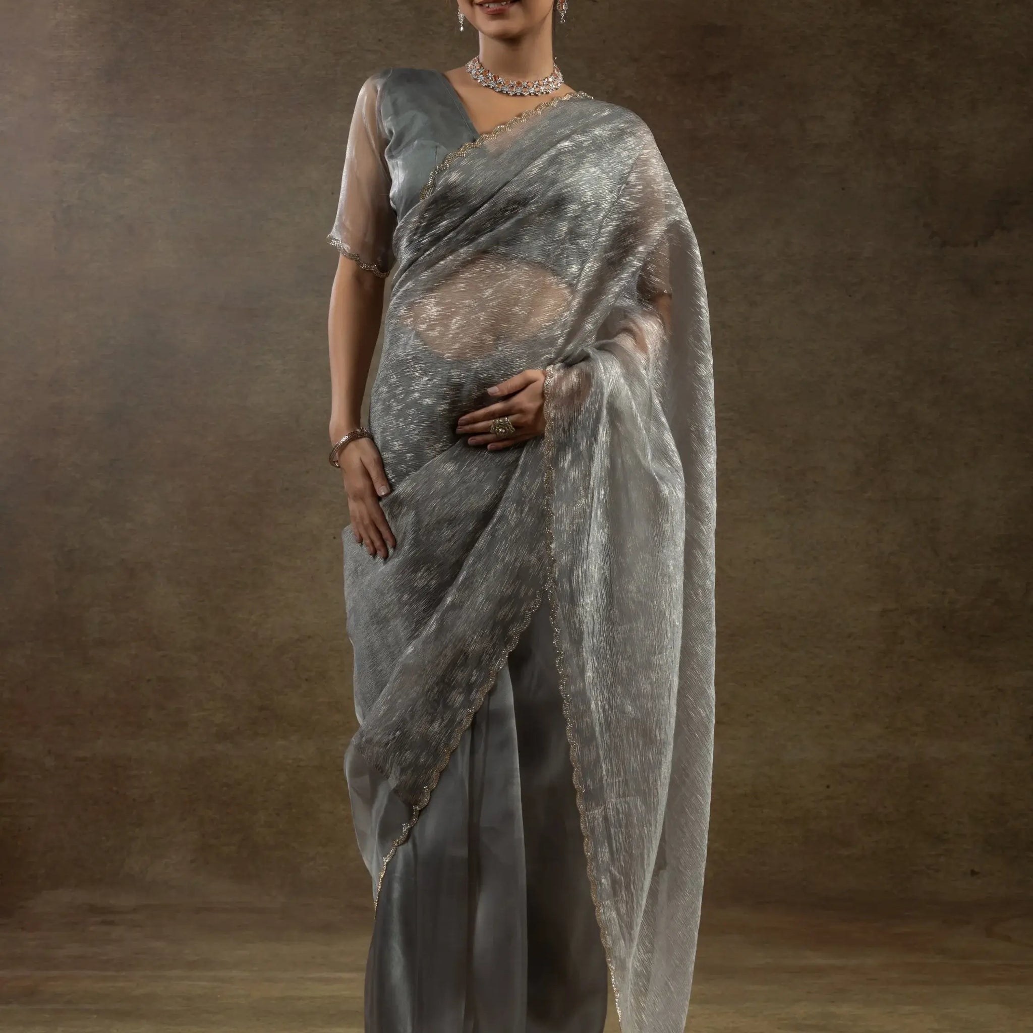 Precious Grey Zari Weaving Organza Event Wear Pre-Stitched Saree - Zeel Clothing