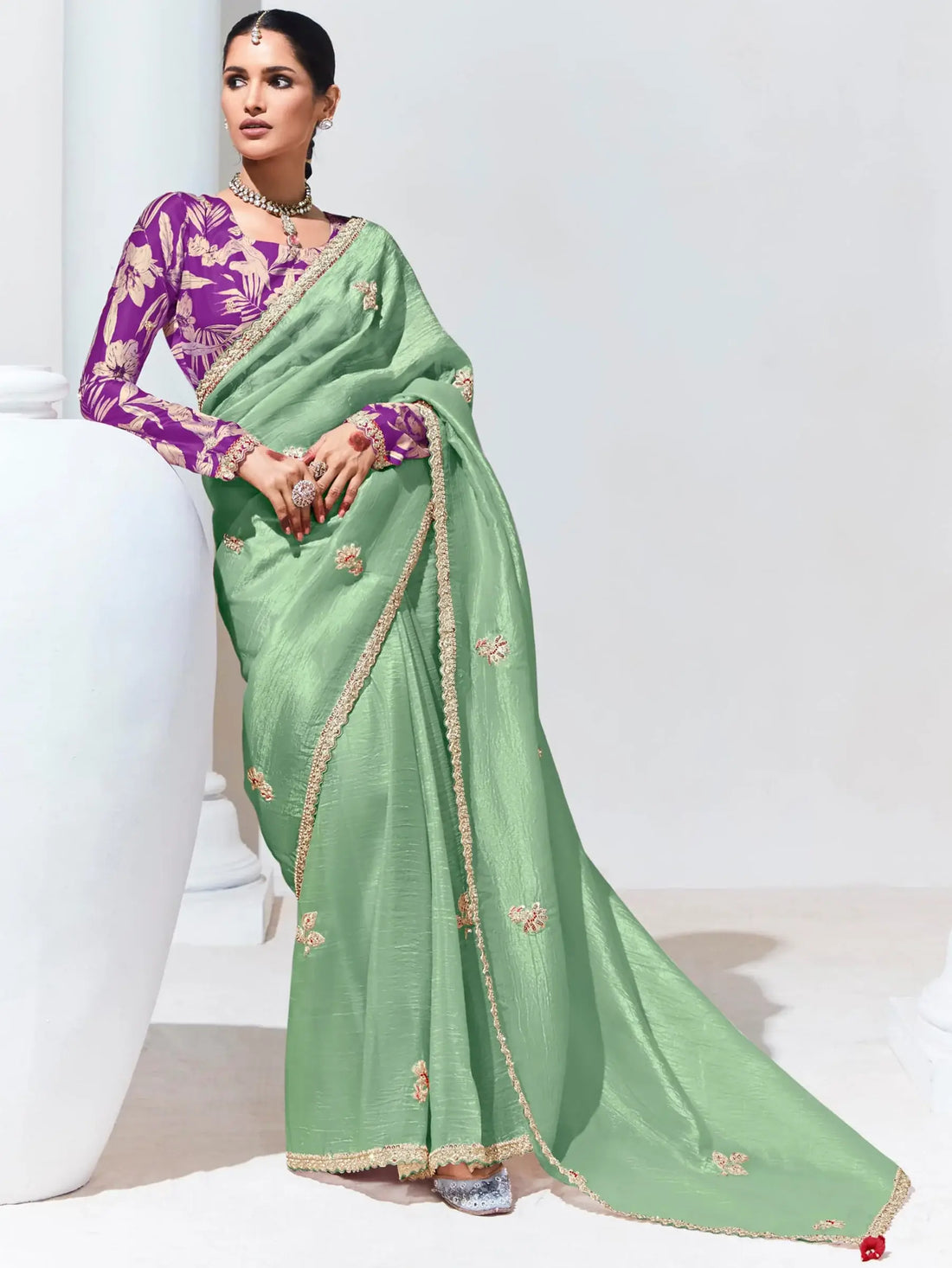 Precious Light Green Sequins Organza Party Wear Saree With Blouse - Zeel Clothing