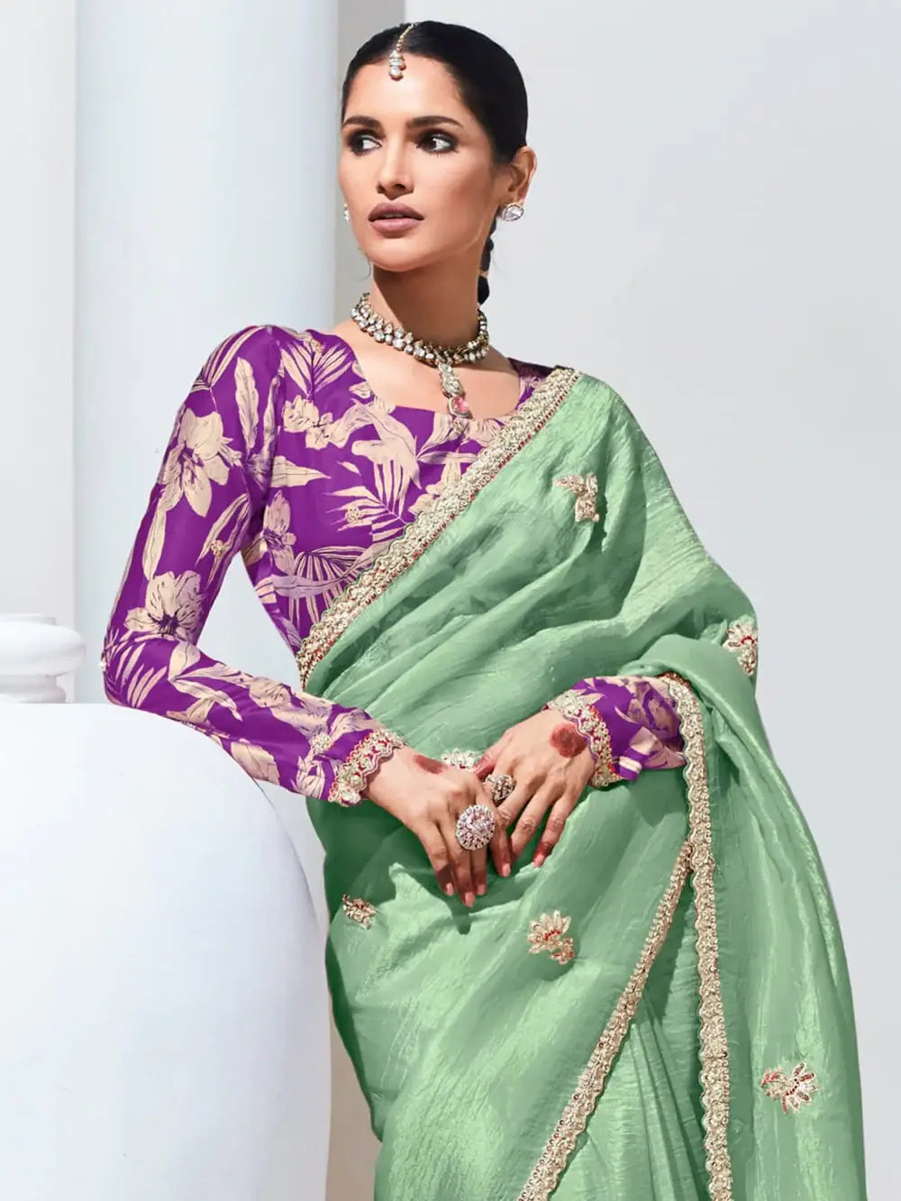 Precious Light Green Sequins Organza Party Wear Saree With Blouse - Zeel Clothing