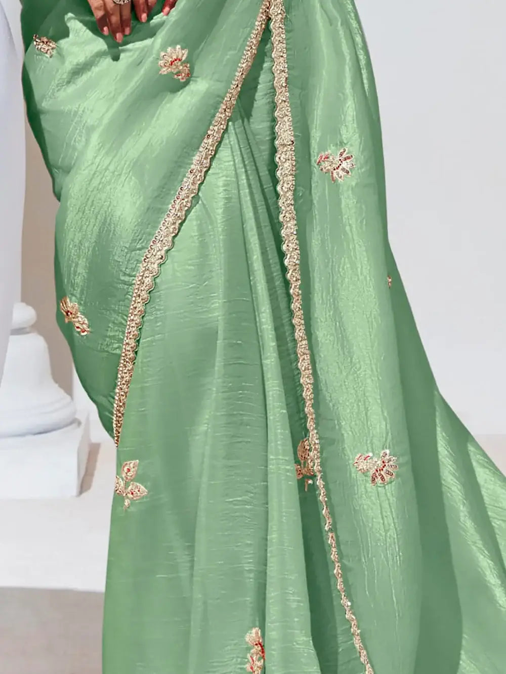 Precious Light Green Sequins Organza Party Wear Saree With Blouse - Zeel Clothing