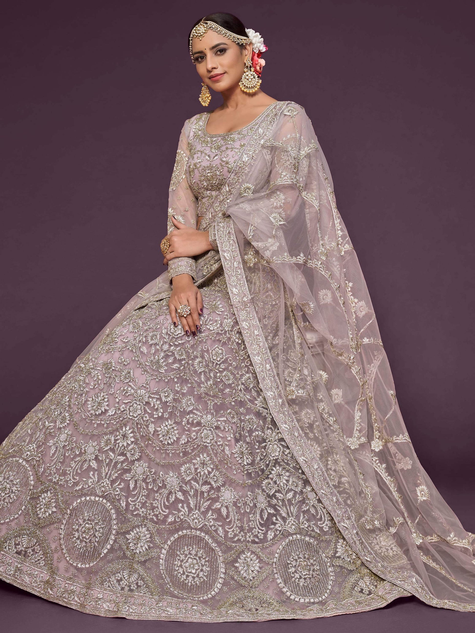 Precious Lilac Embroidered Soft Net Lehenga Choli With Dupatta - Zeel Clothing