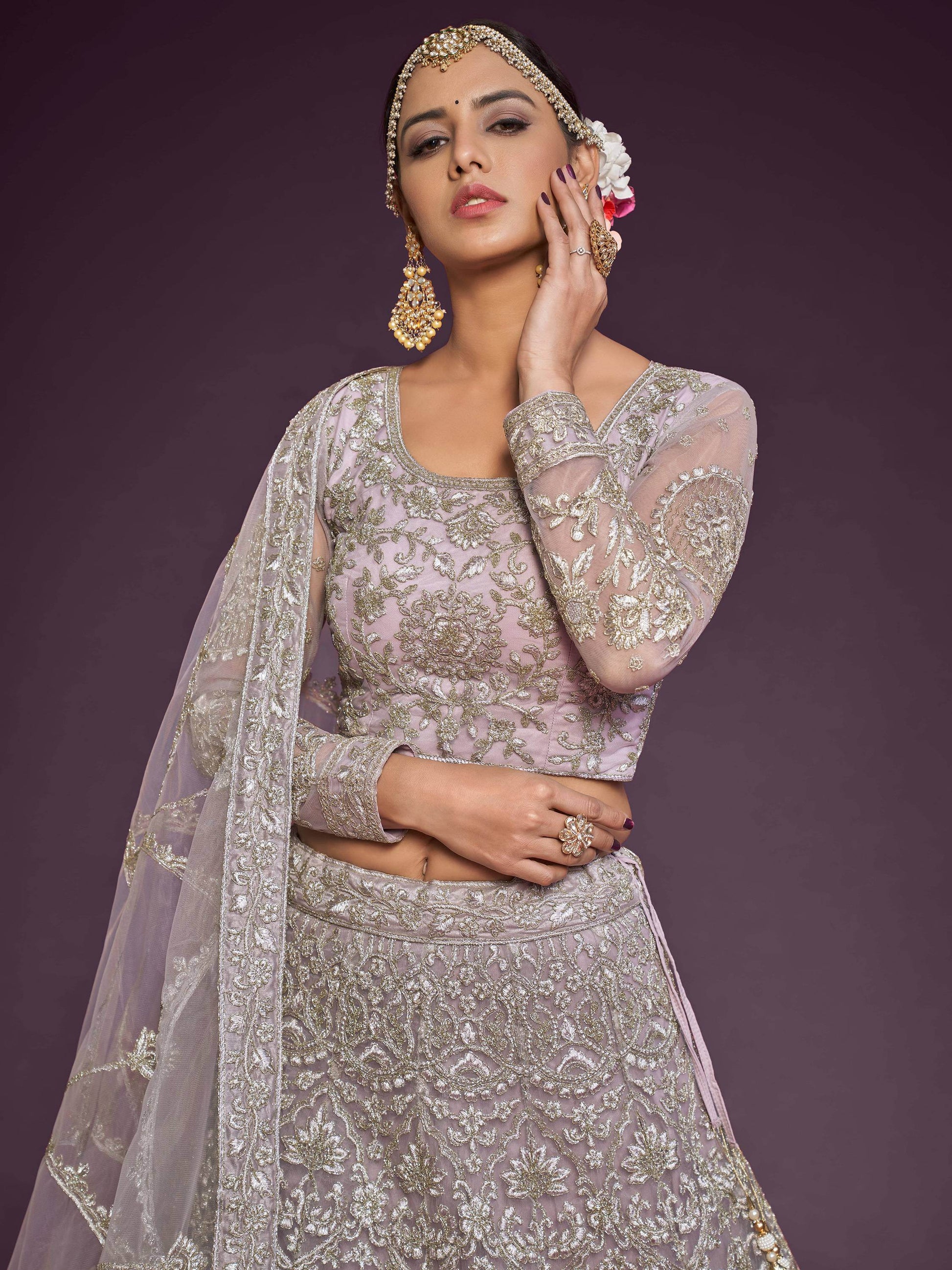 Precious Lilac Embroidered Soft Net Lehenga Choli With Dupatta - Zeel Clothing