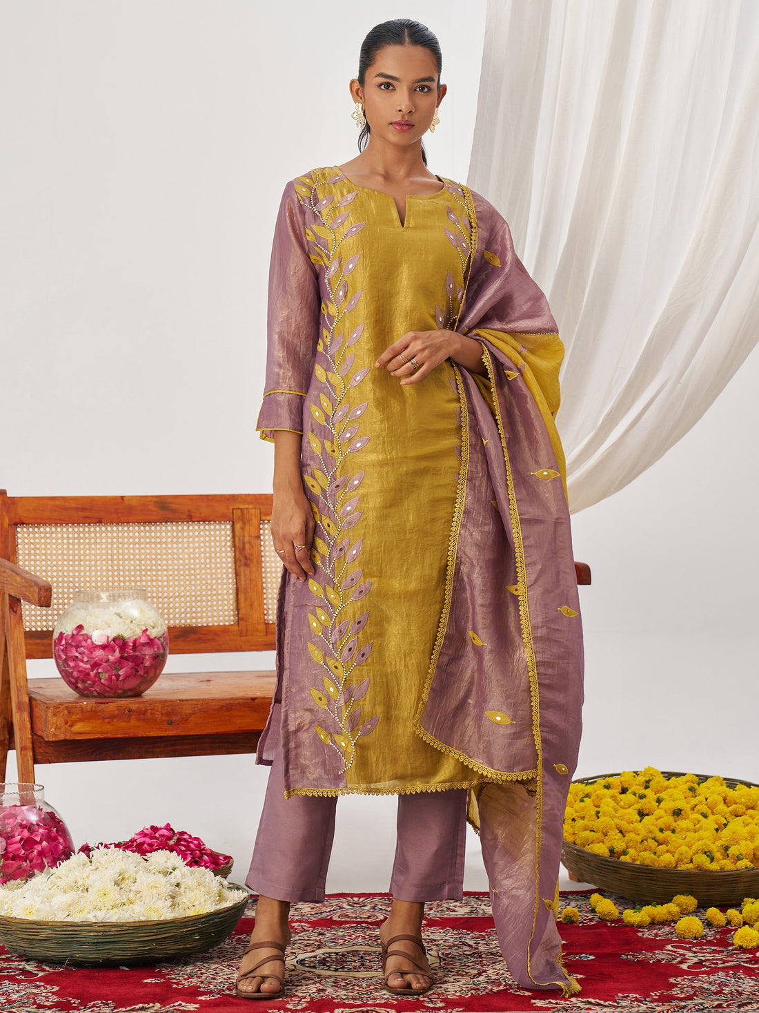 Precious Mauve Patch Work Organza Wedding Wear Pant Suit With Dupatta