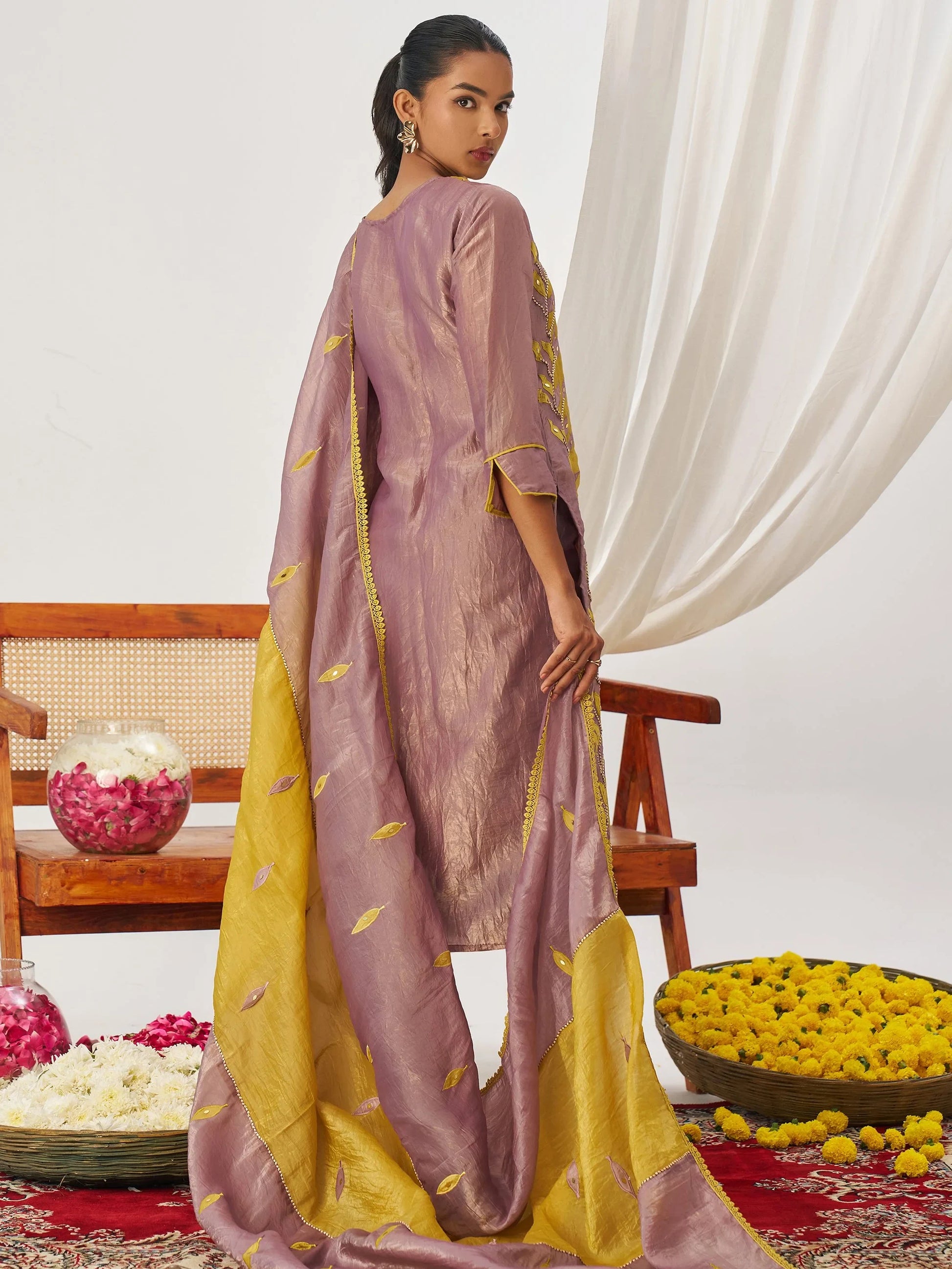 Precious Mauve Patch Work Organza Wedding Wear Pant Suit With Dupatta