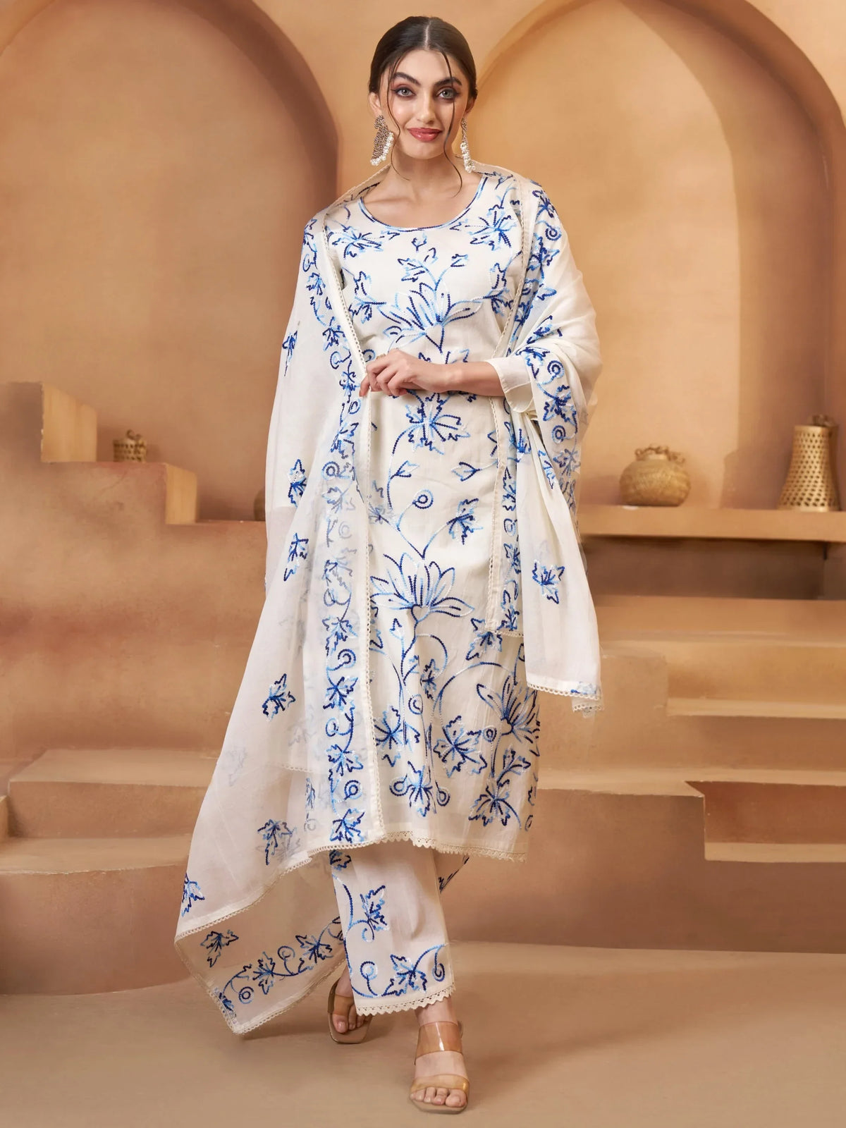 Precious Off-White Thread Embroidery Cotton Pant Suit With Dupatta - Zeel Clothing