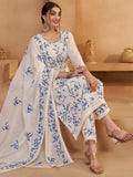 Precious Off-White Thread Embroidery Cotton Pant Suit With Dupatta - Zeel Clothing