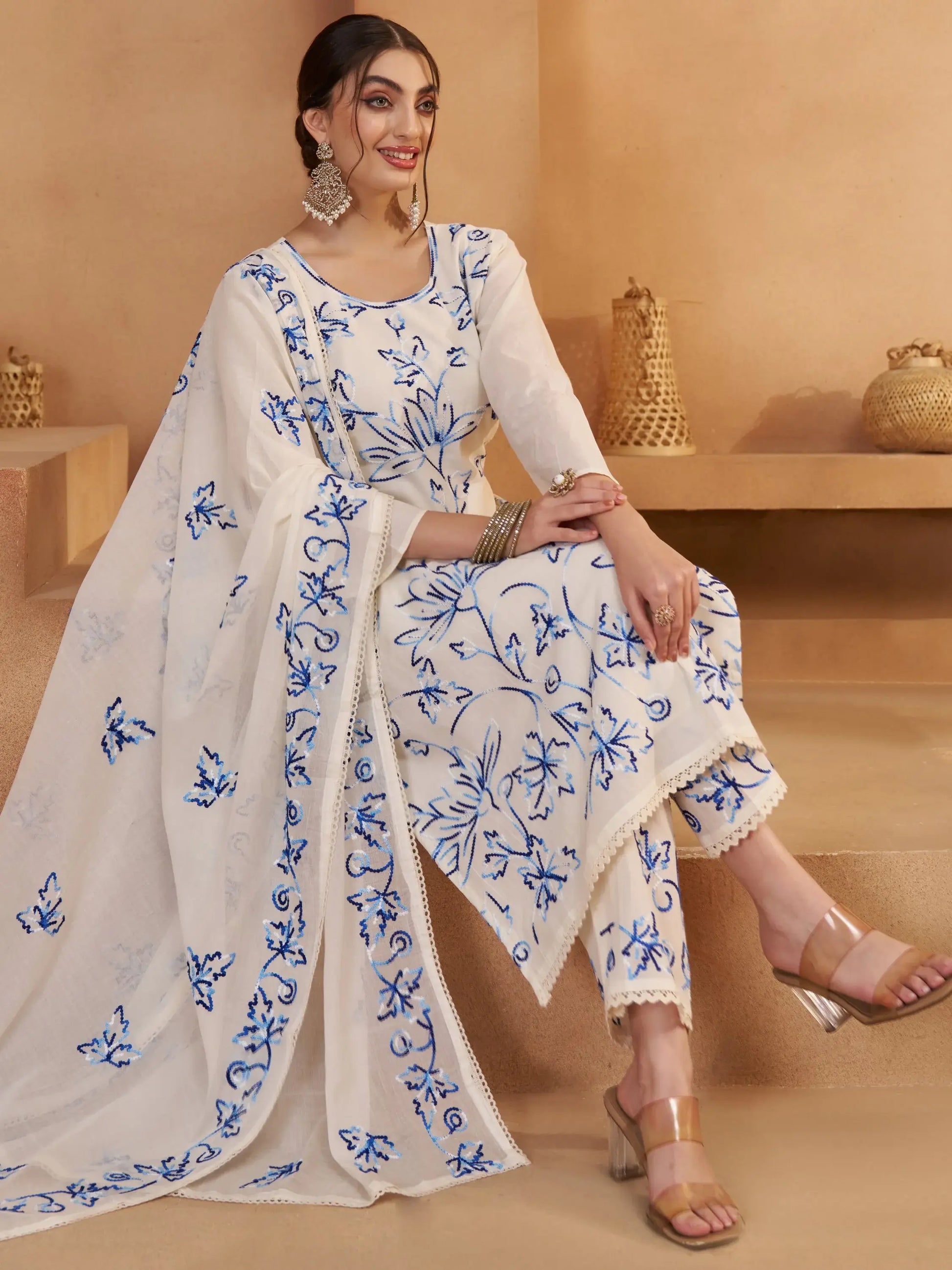 Precious Off-White Thread Embroidery Cotton Pant Suit With Dupatta - Zeel Clothing