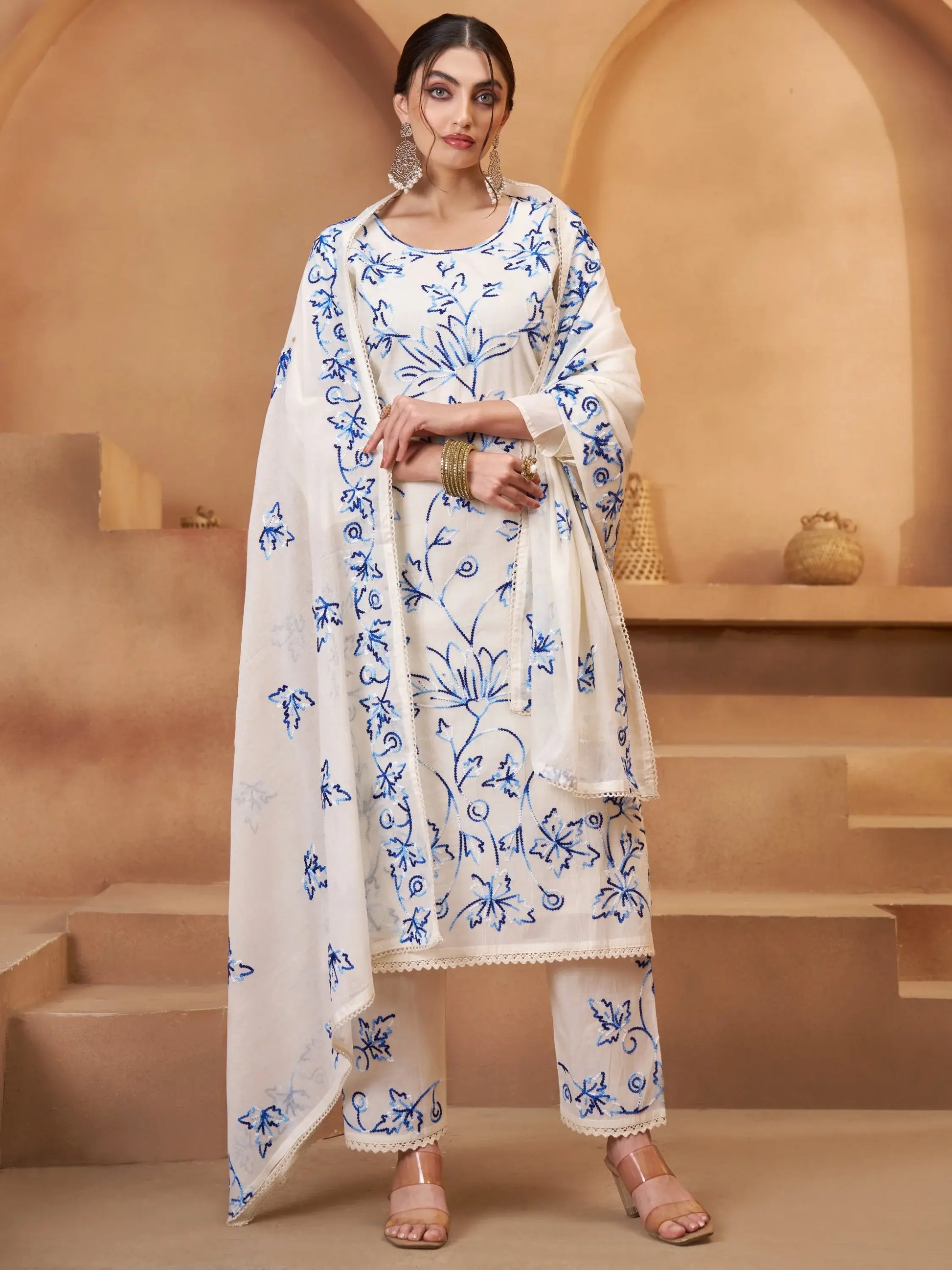 Precious Off-White Thread Embroidery Cotton Pant Suit With Dupatta - Zeel Clothing