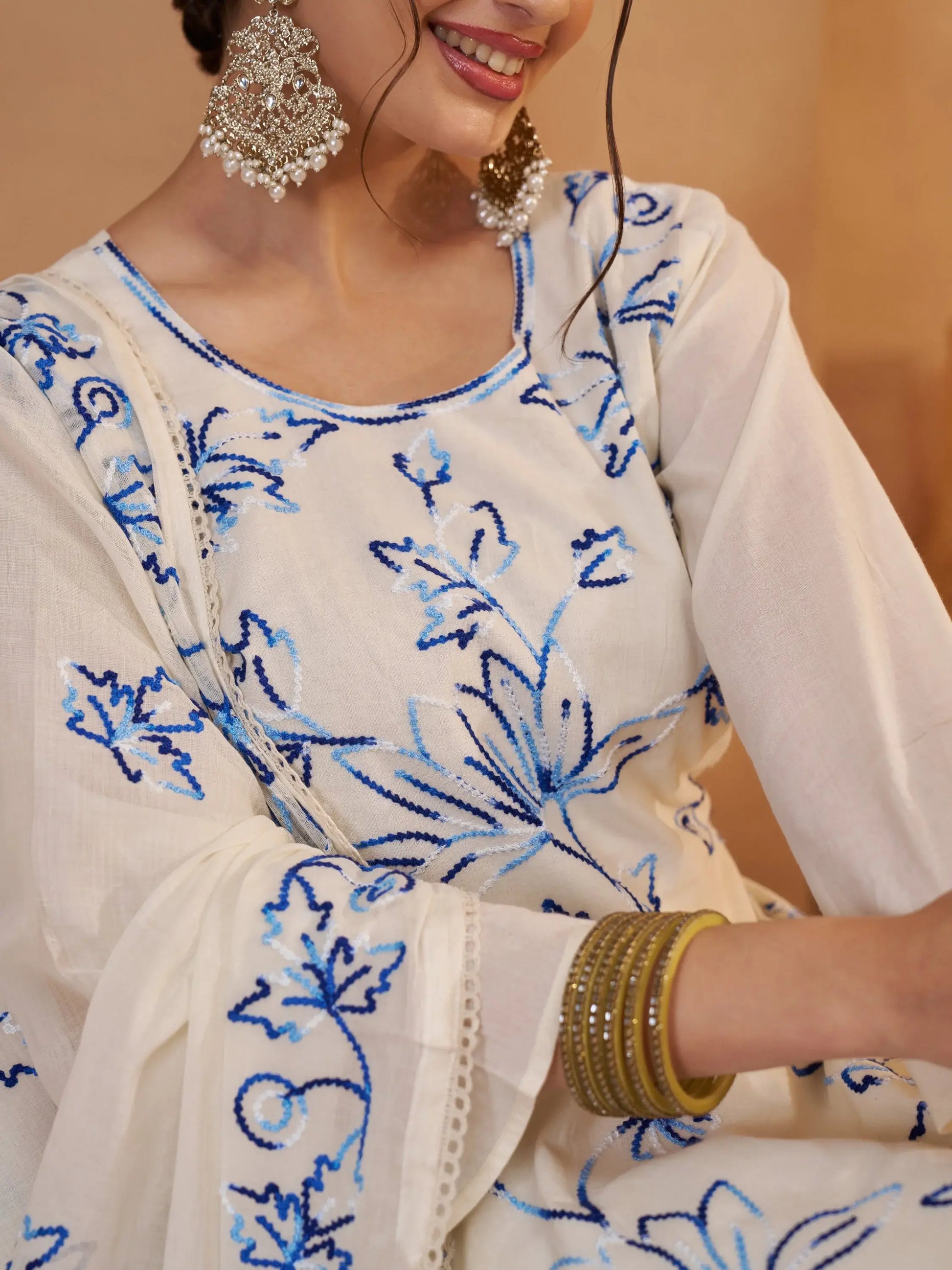 Precious Off-White Thread Embroidery Cotton Pant Suit With Dupatta - Zeel Clothing