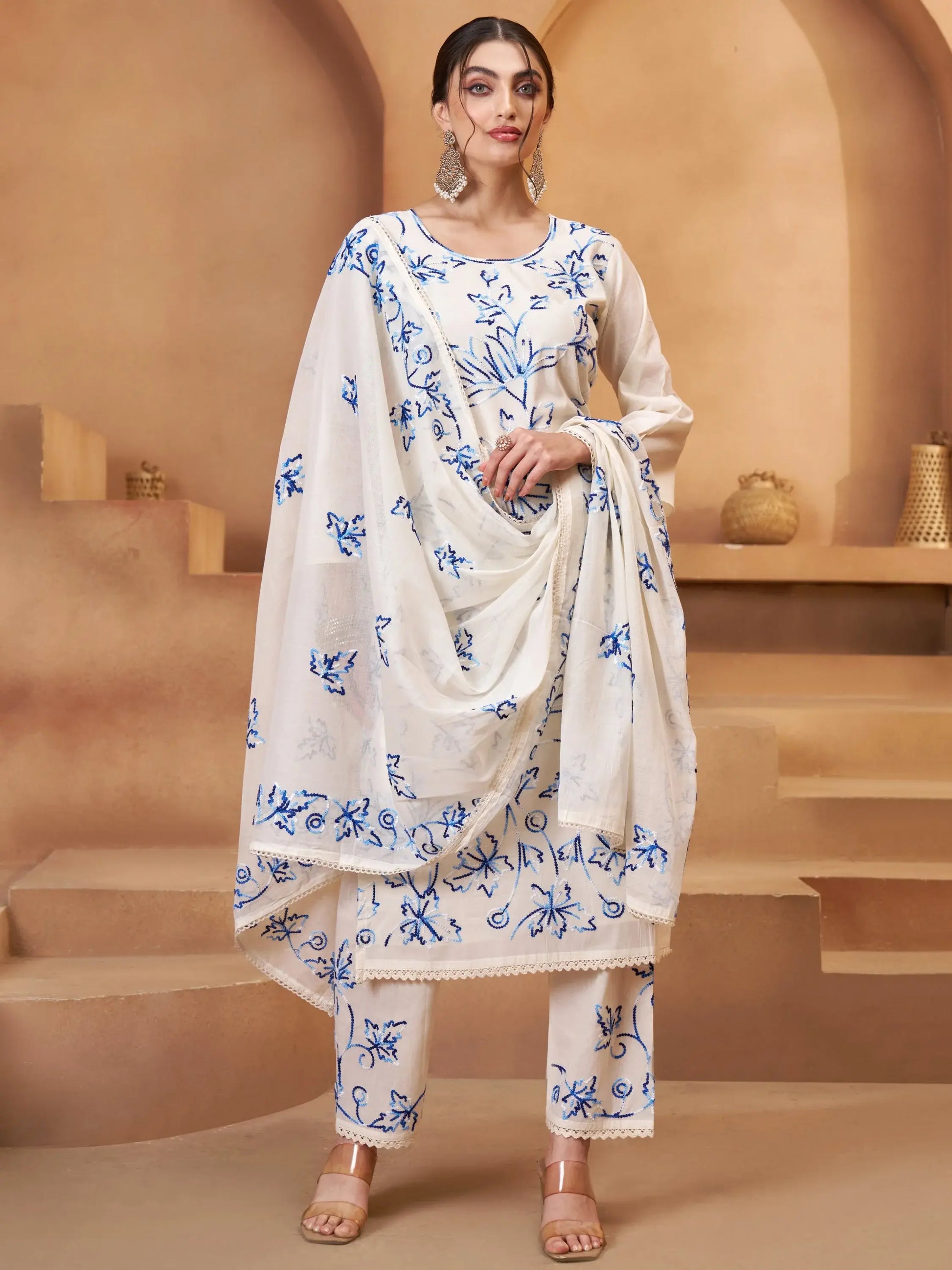 Precious Off-White Thread Embroidery Cotton Pant Suit With Dupatta - Zeel Clothing