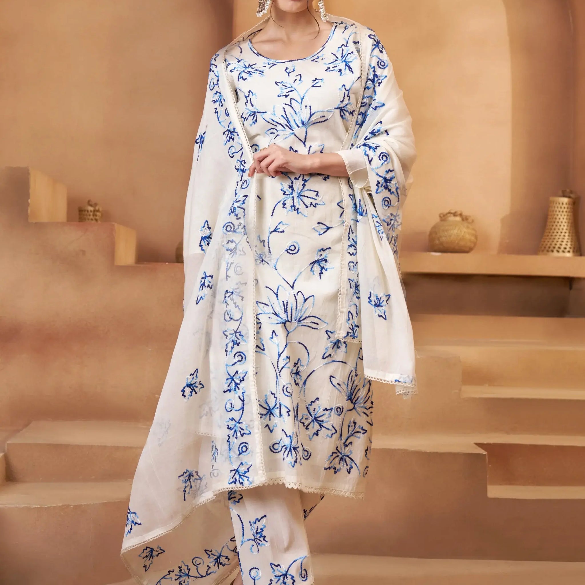 Precious Off-White Thread Embroidery Cotton Pant Suit With Dupatta - Zeel Clothing