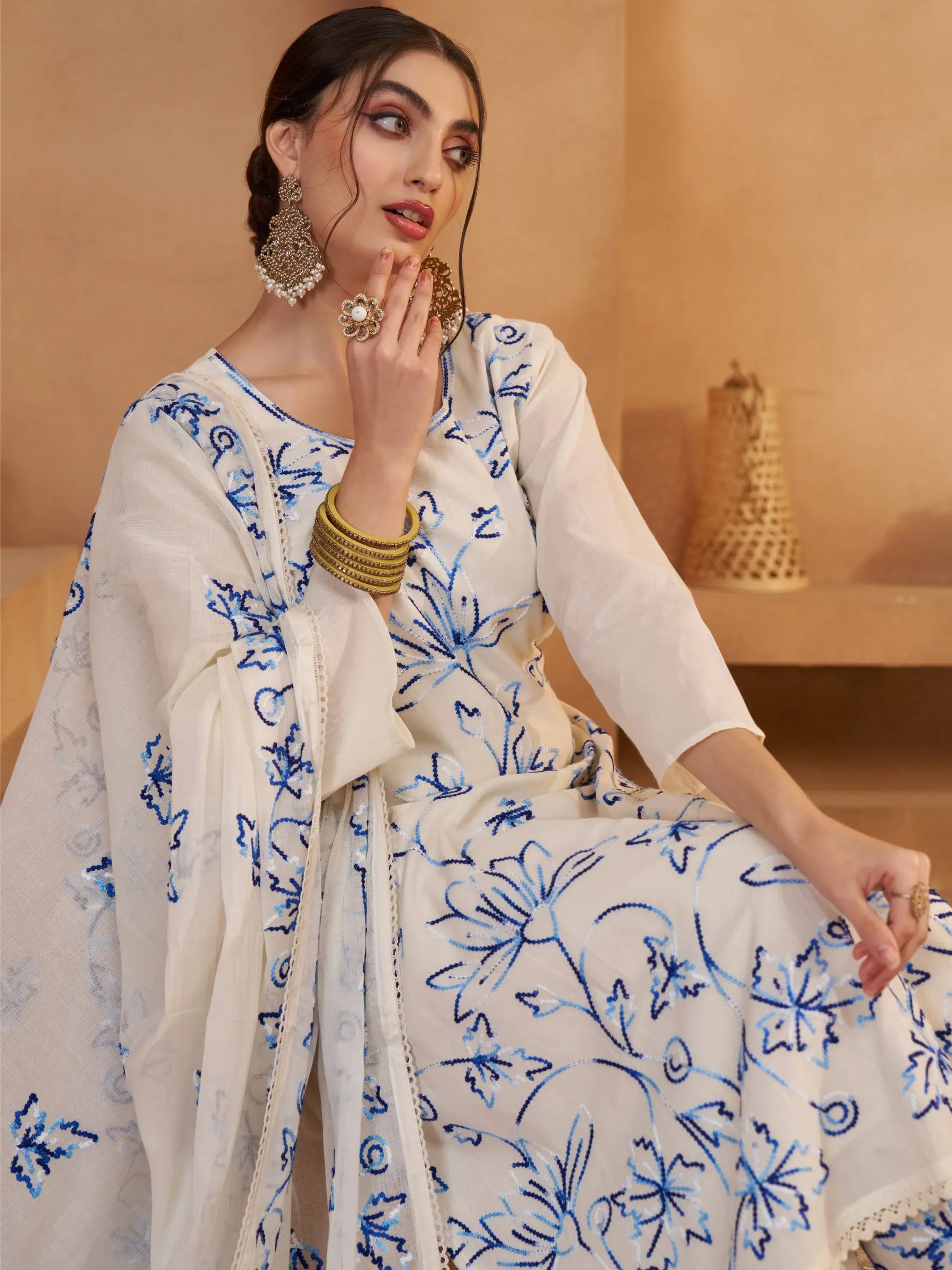 Precious Off-White Thread Embroidery Cotton Pant Suit With Dupatta - Zeel Clothing
