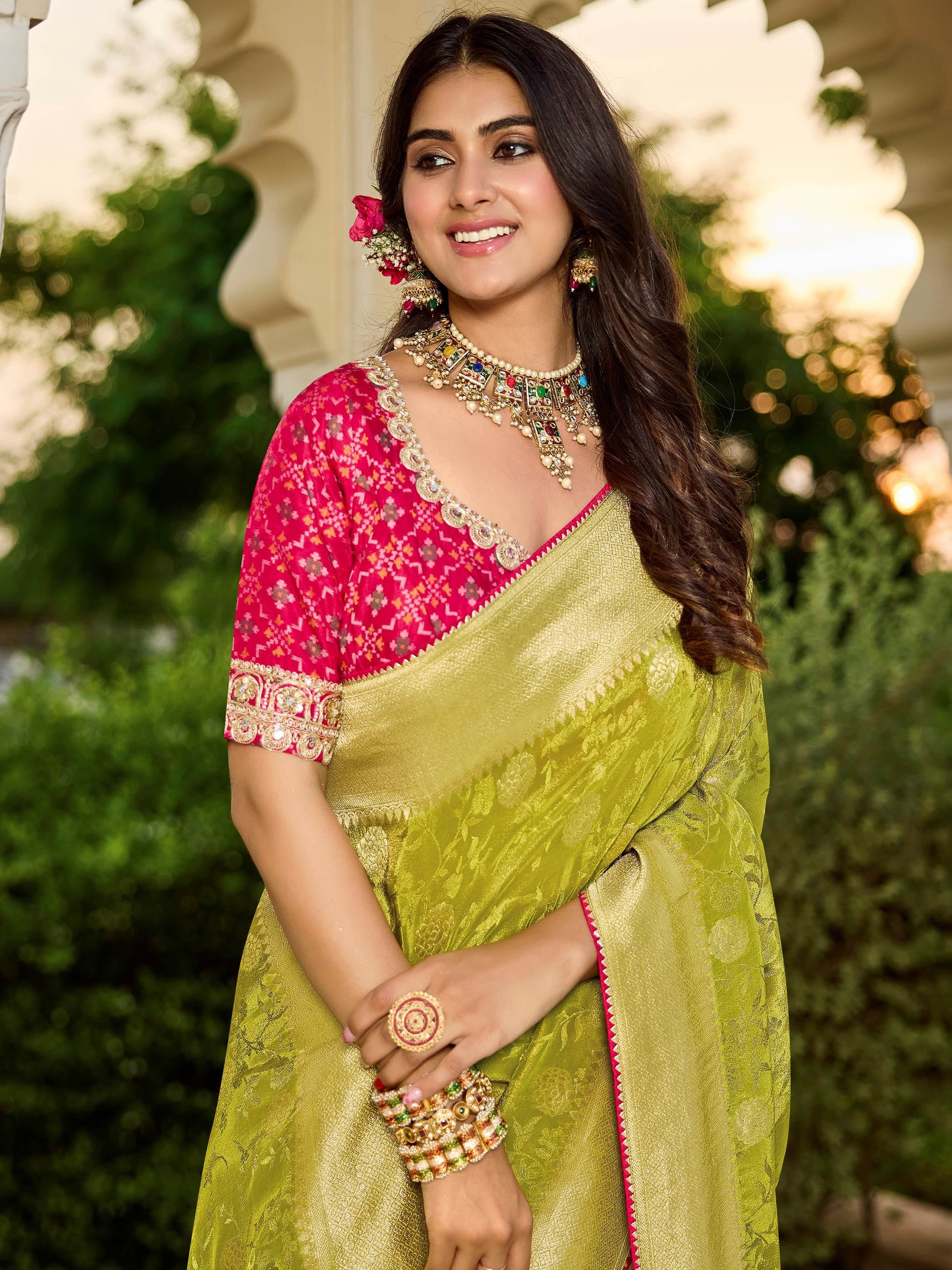 Precious Olive Green Zari Weaving Silk Mehendi Wear Saree With Blouse