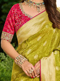 Precious Olive Green Zari Weaving Silk Mehendi Wear Saree With Blouse