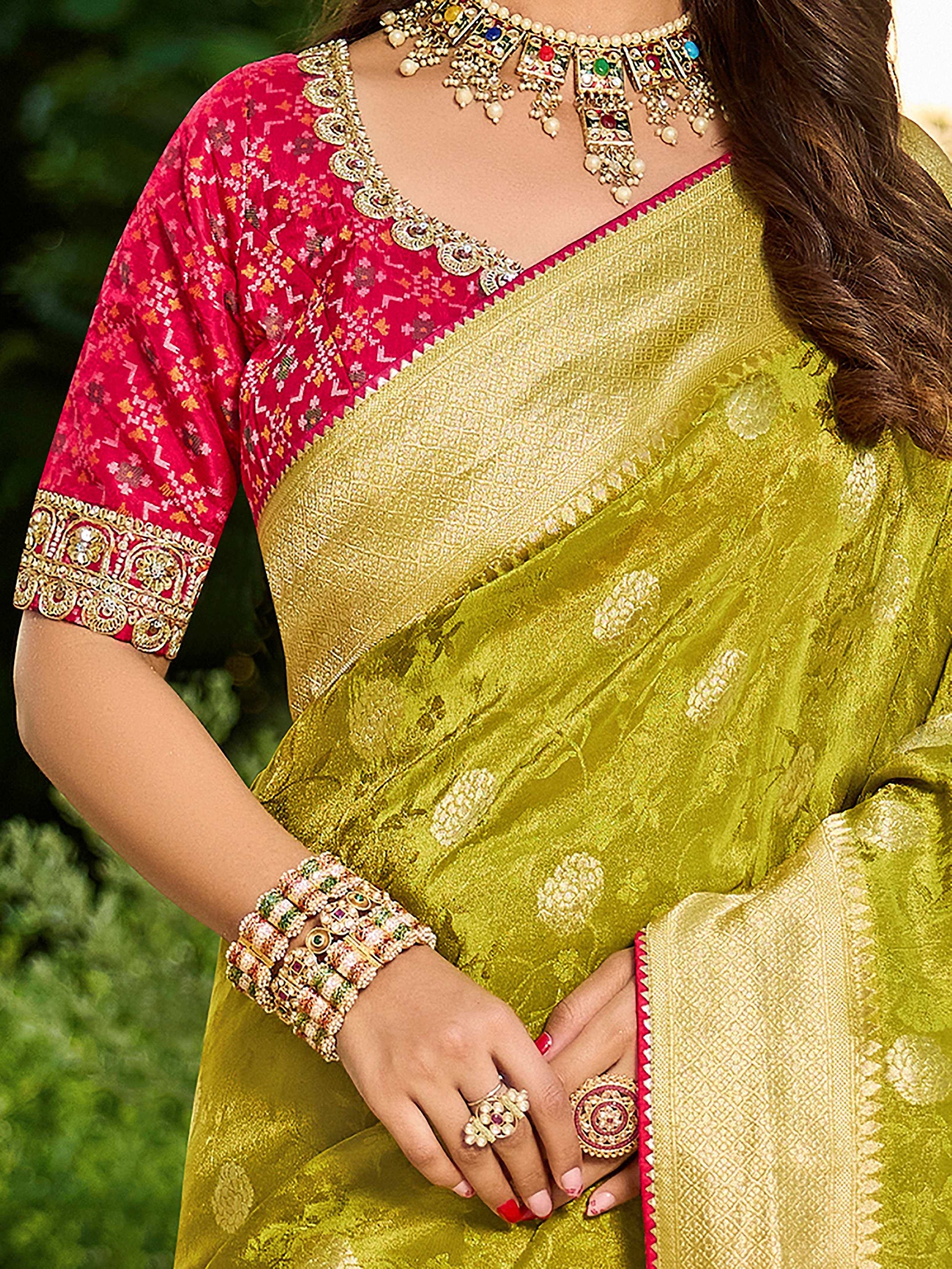 Precious Olive Green Zari Weaving Silk Mehendi Wear Saree With Blouse