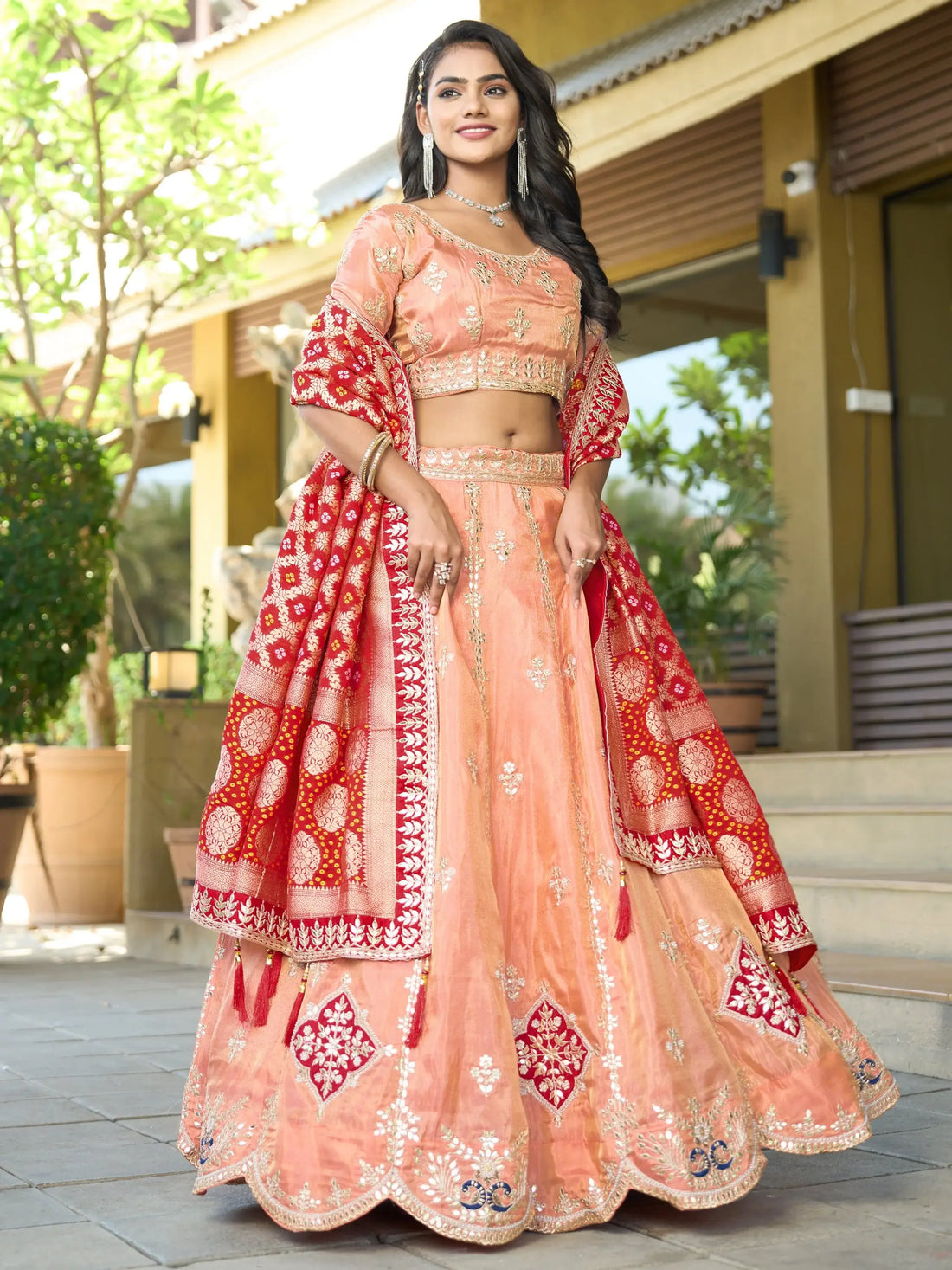 Precious Peach Gota Work Viscose Silk Wedding Wear Lehenga Choli - Zeel Clothing