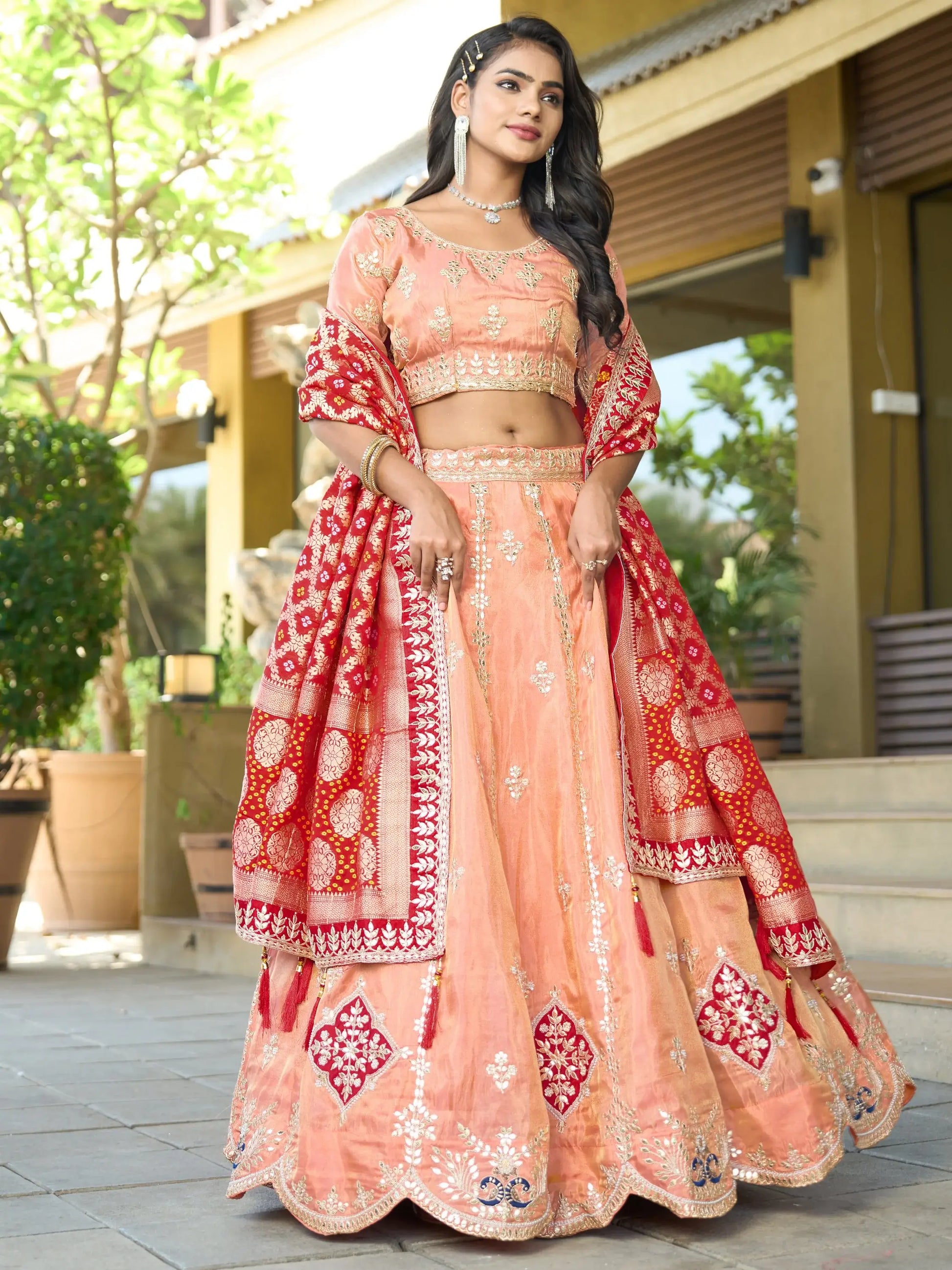 Precious Peach Gota Work Viscose Silk Wedding Wear Lehenga Choli - Zeel Clothing