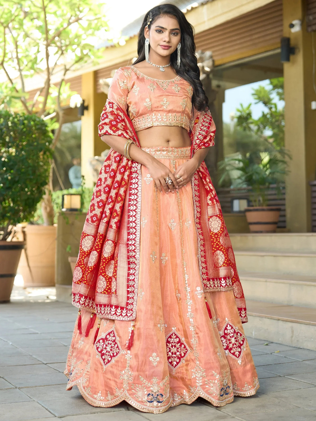 Precious Peach Gota Work Viscose Silk Wedding Wear Lehenga Choli - Zeel Clothing