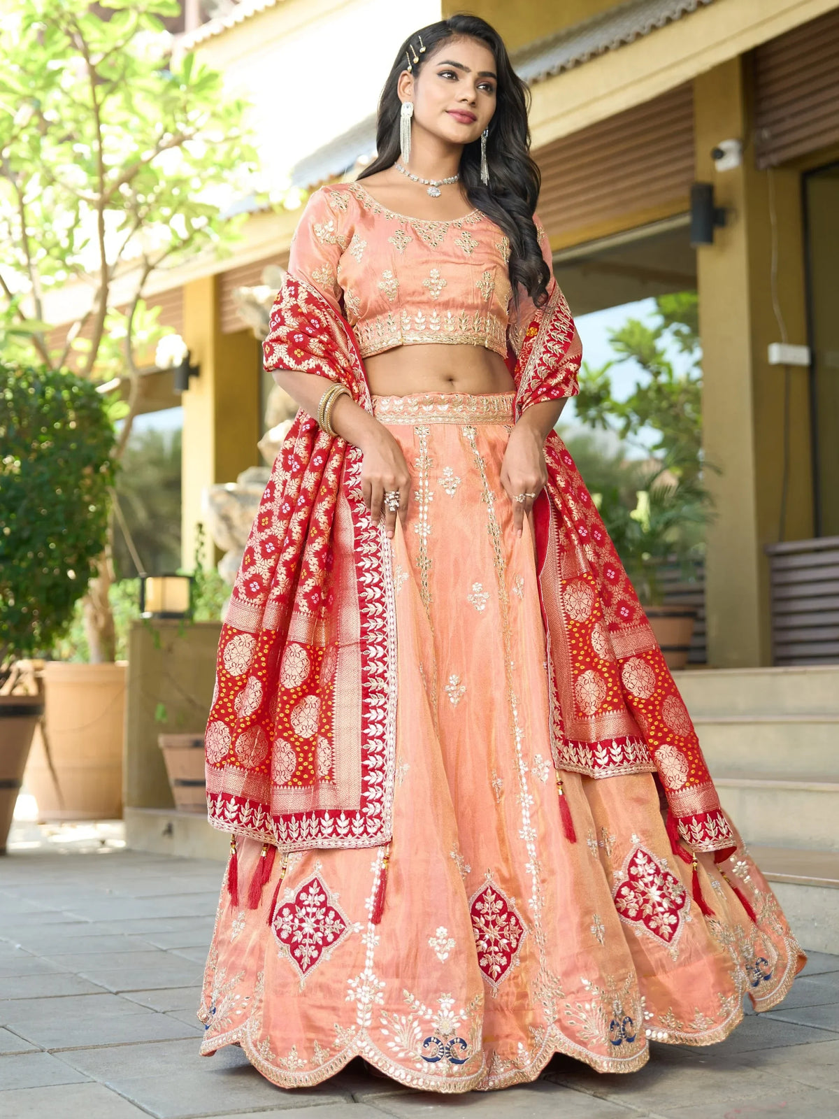 Precious Peach Gota Work Viscose Silk Wedding Wear Lehenga Choli - Zeel Clothing