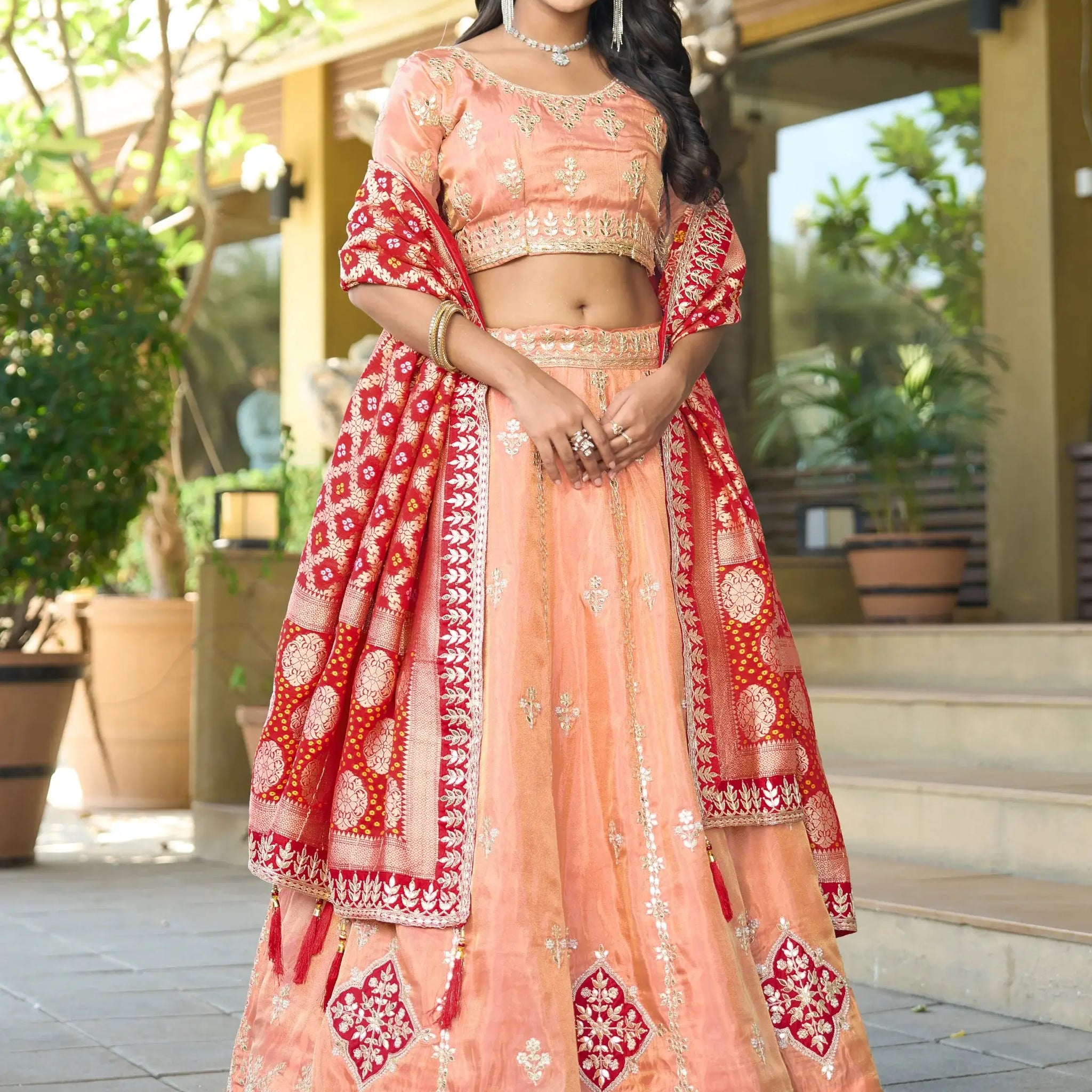Precious Peach Gota Work Viscose Silk Wedding Wear Lehenga Choli - Zeel Clothing