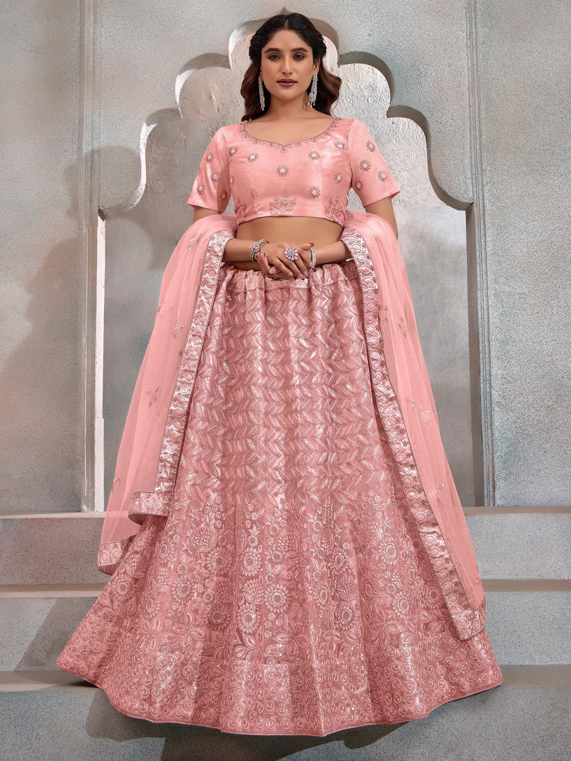 Precious Peach Thread Embroidery Net Party Wear Lehenga Choli - Zeel Clothing