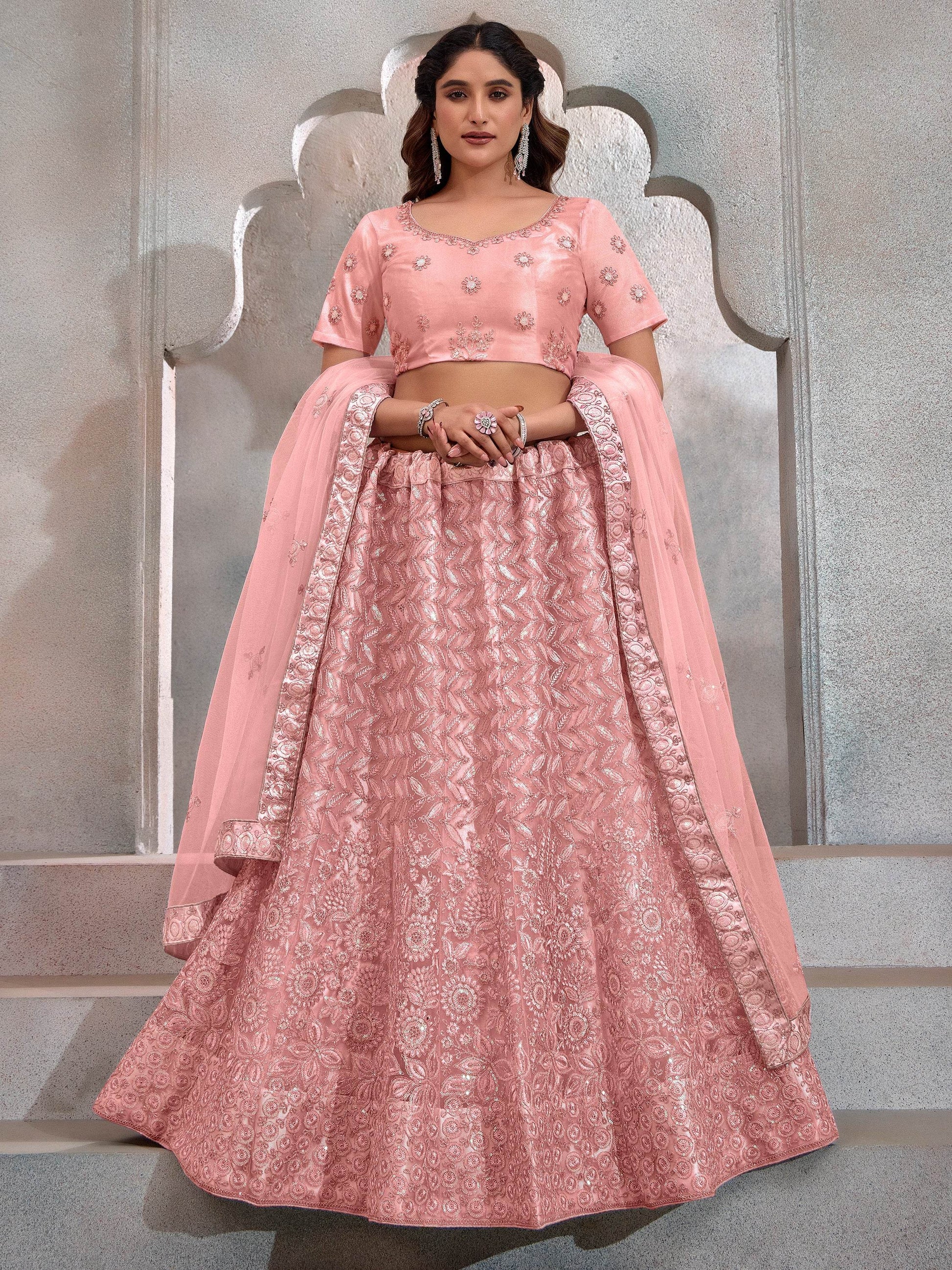 Precious Peach Thread Embroidery Net Party Wear Lehenga Choli - Zeel Clothing