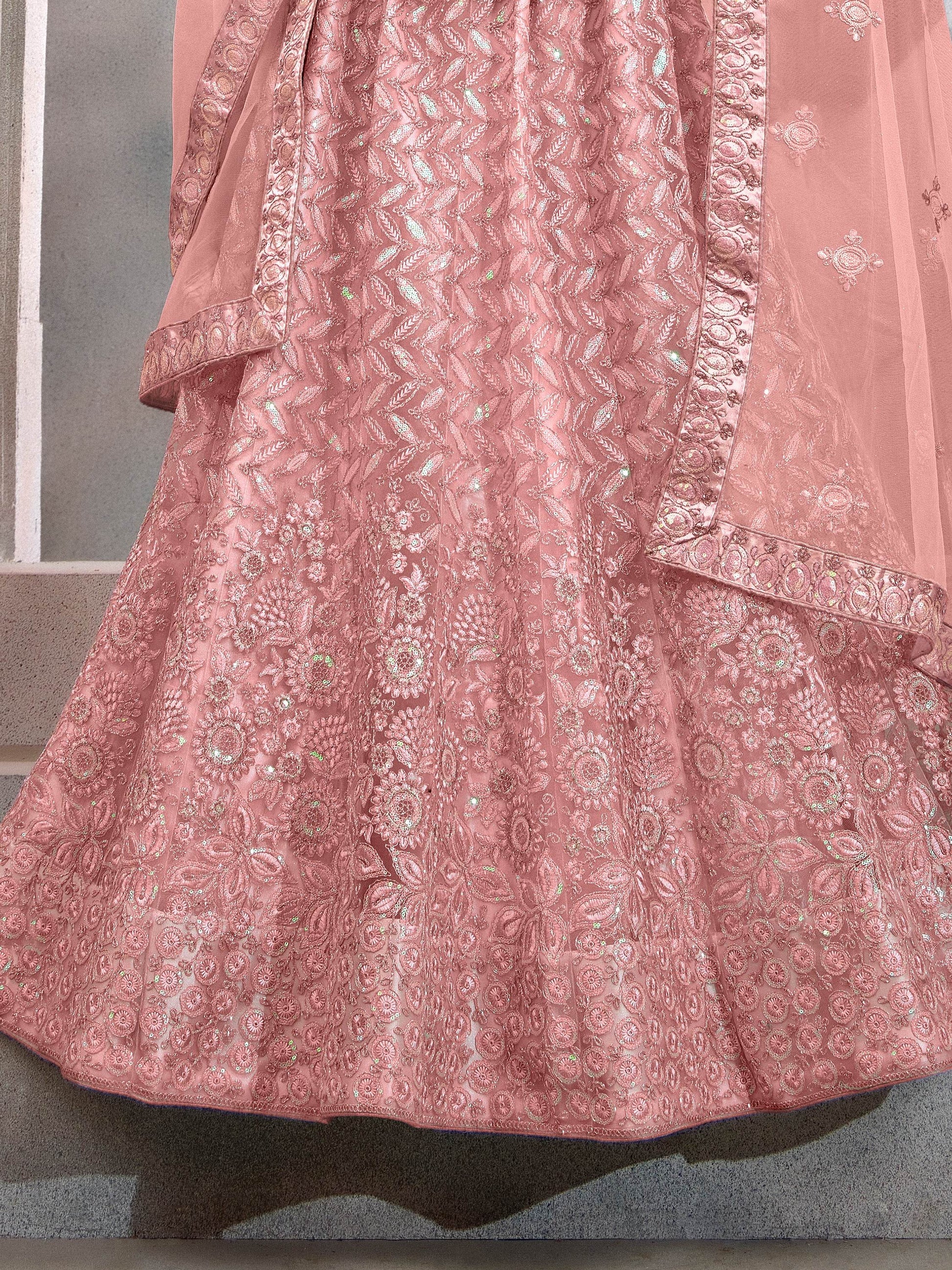 Precious Peach Thread Embroidery Net Party Wear Lehenga Choli - Zeel Clothing