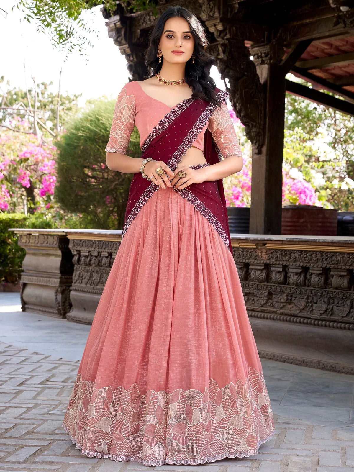 Precious Peach Thread Embroidery Organza Festival Wear Lehenga Choli - Zeel Clothing