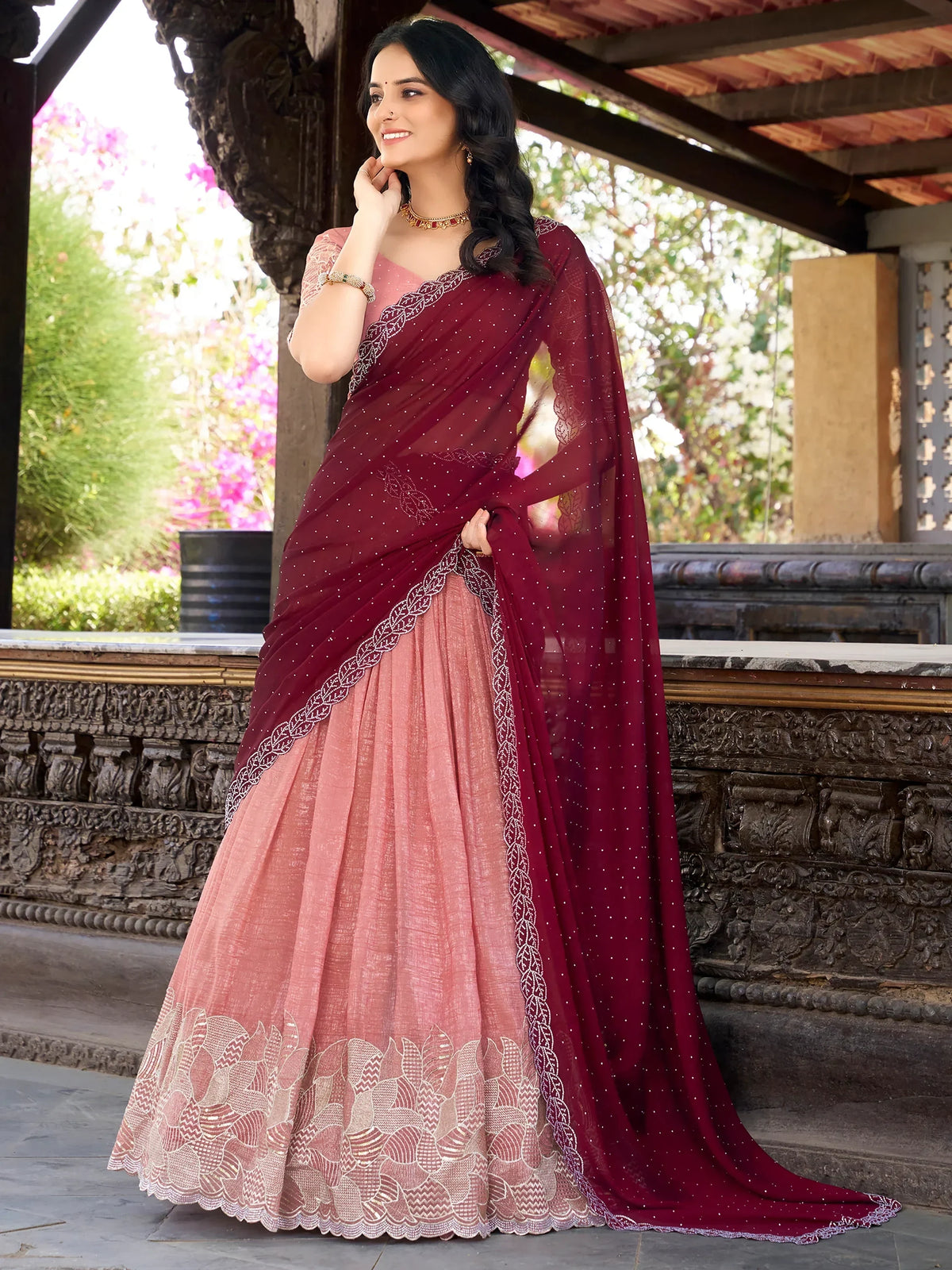 Precious Peach Thread Embroidery Organza Festival Wear Lehenga Choli - Zeel Clothing
