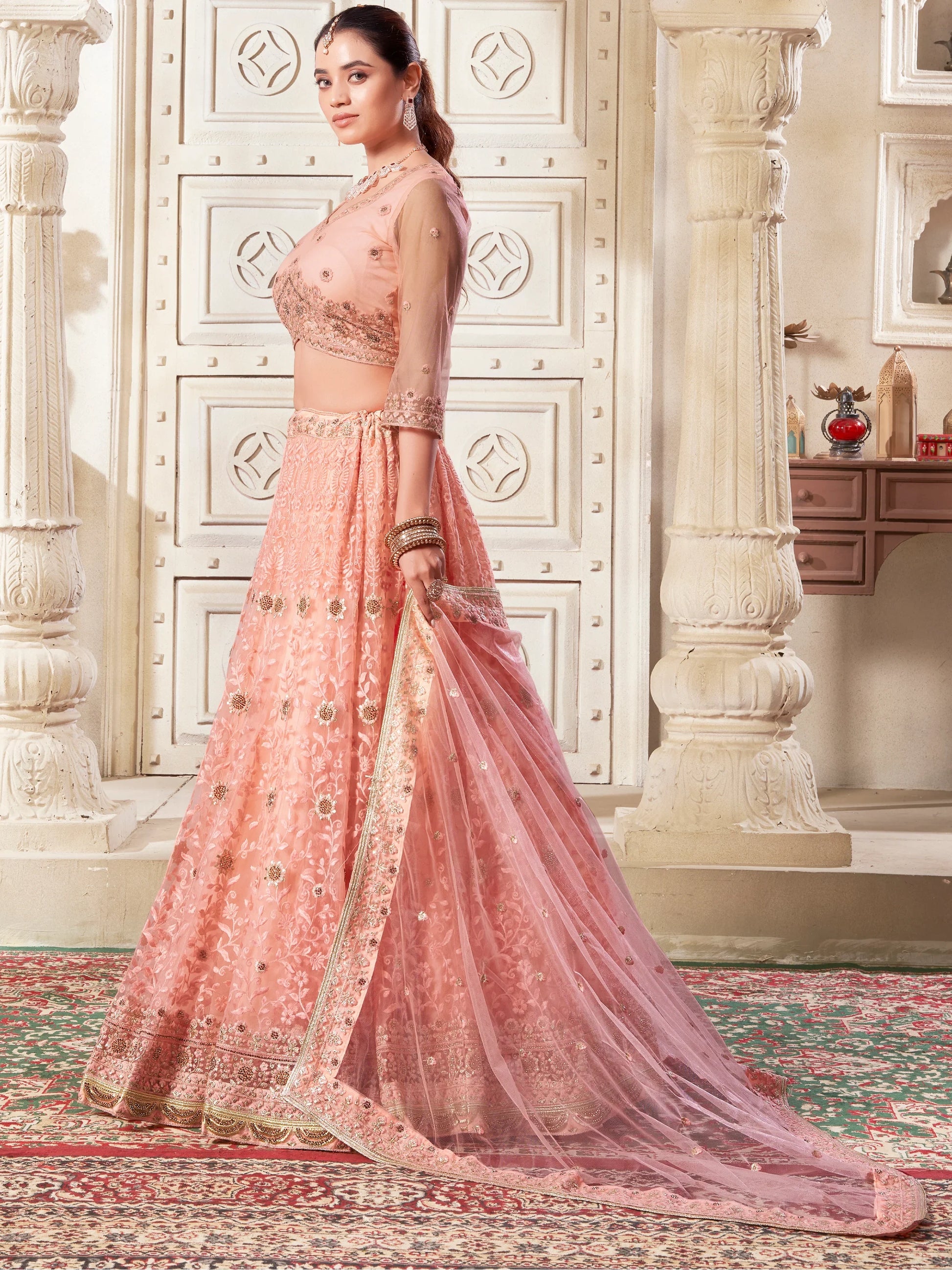 Precious Peach Thread Work Net Bridesmaid Lehenga Choli - Zeel Clothing