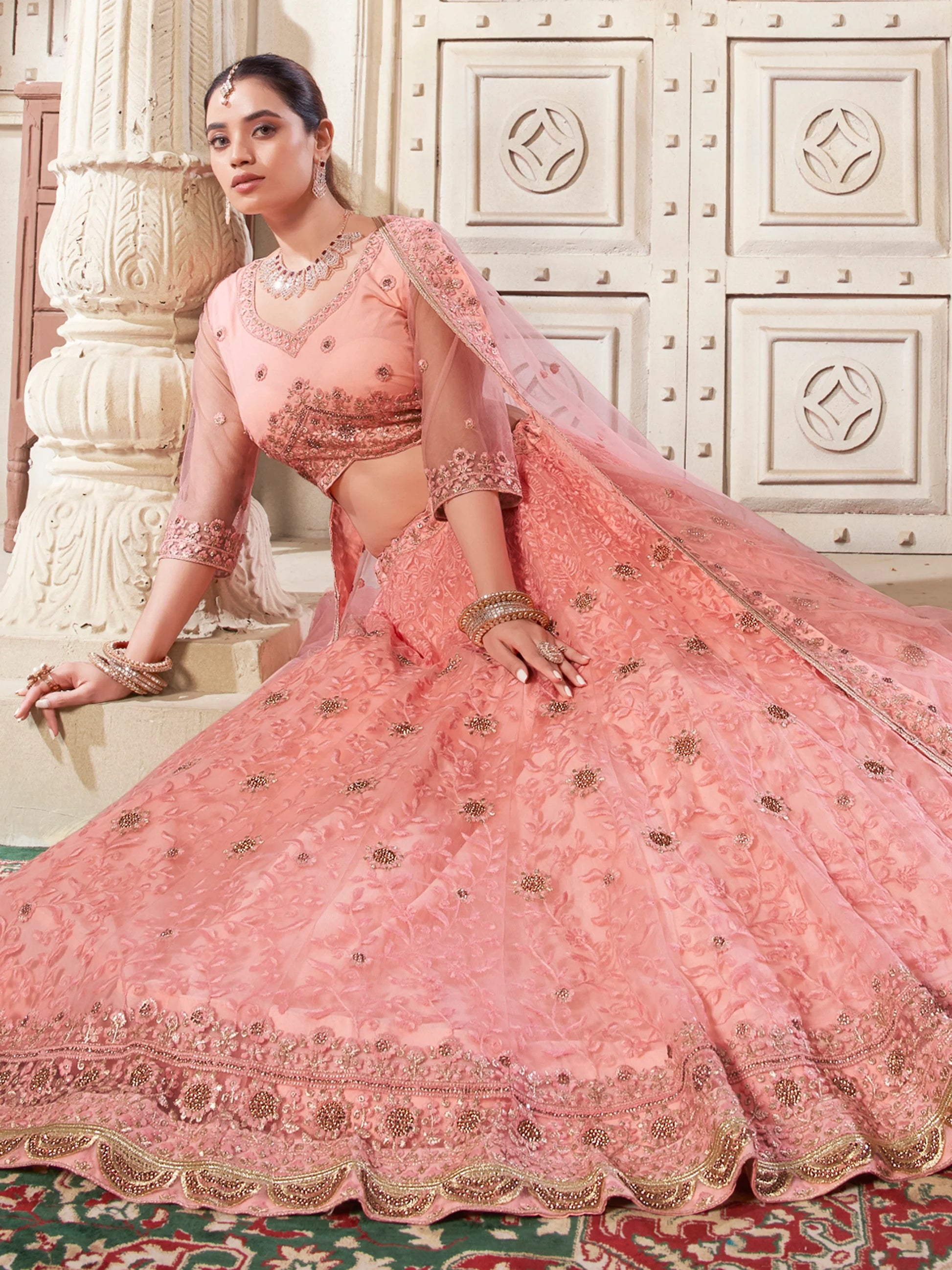 Precious Peach Thread Work Net Bridesmaid Lehenga Choli - Zeel Clothing