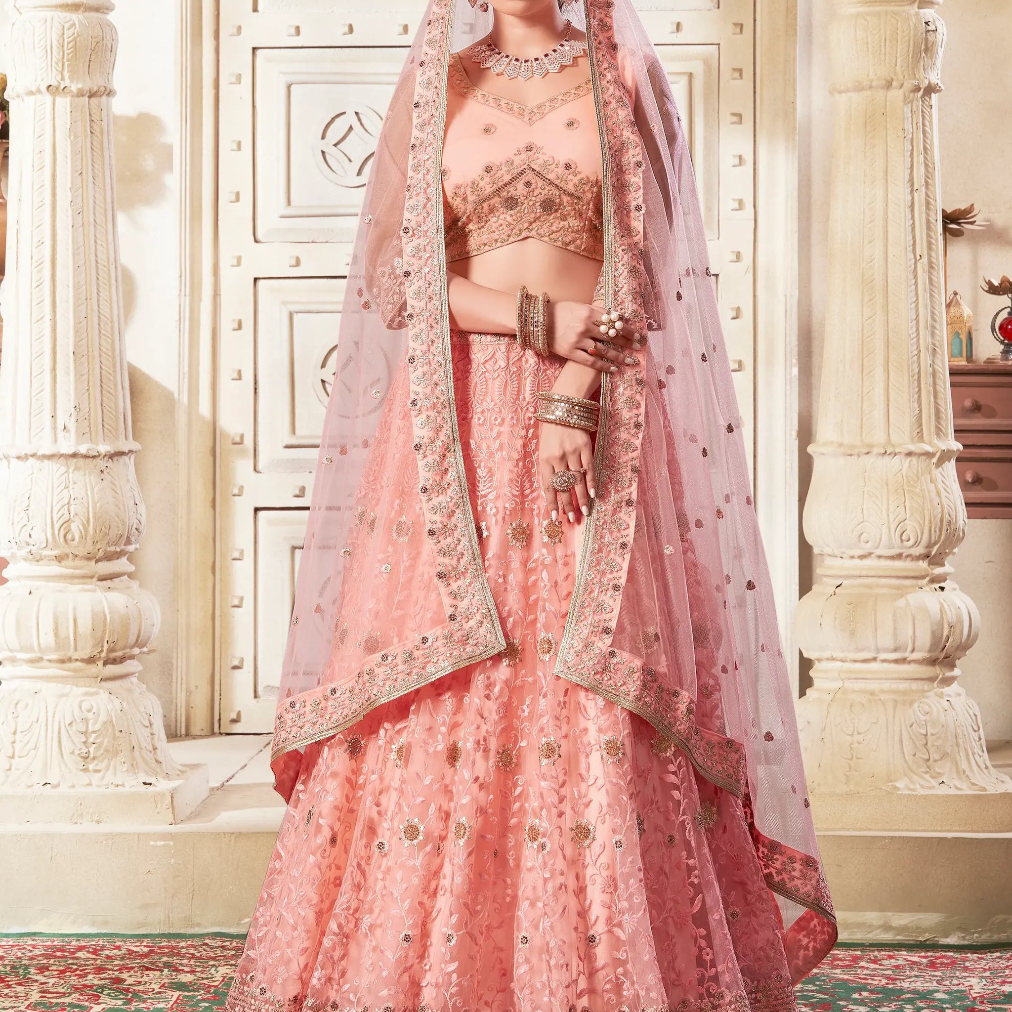 Precious Peach Thread Work Net Bridesmaid Lehenga Choli - Zeel Clothing