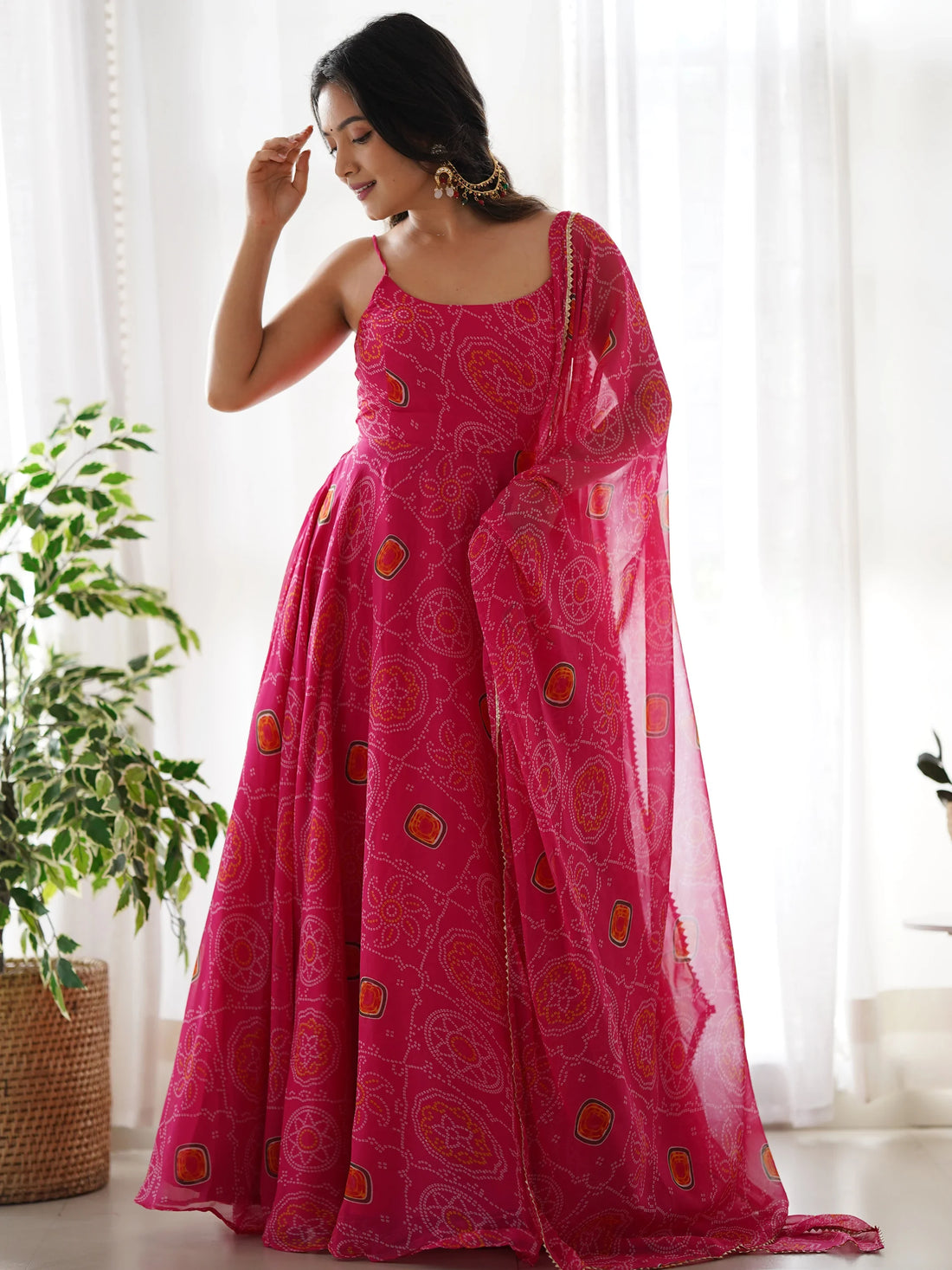 Precious Pink Bandhani Printed Chiffon Event Wear Gown With Dupatta - Zeel Clothing