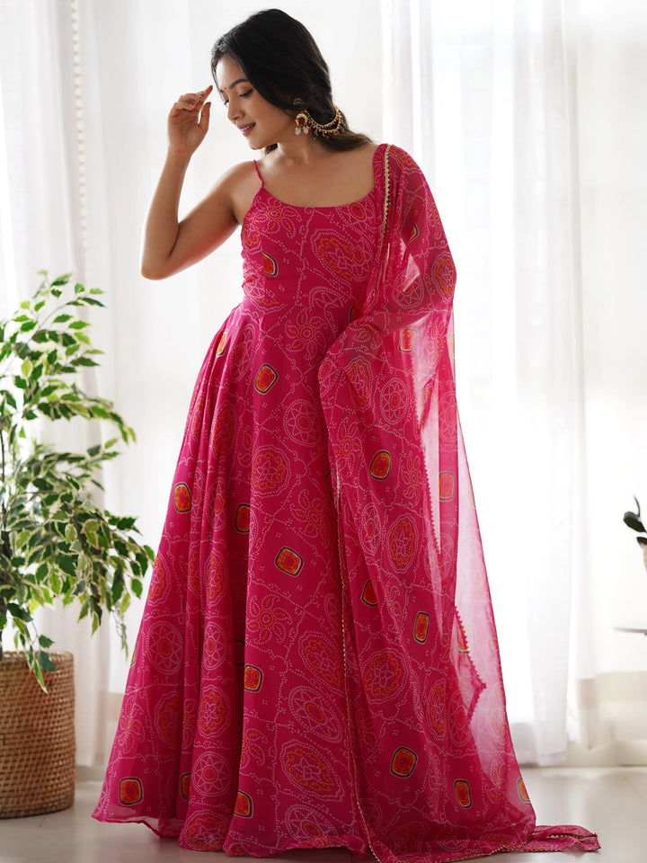 Precious Pink Bandhani Printed Chiffon Event Wear Gown With Dupatta - Zeel Clothing