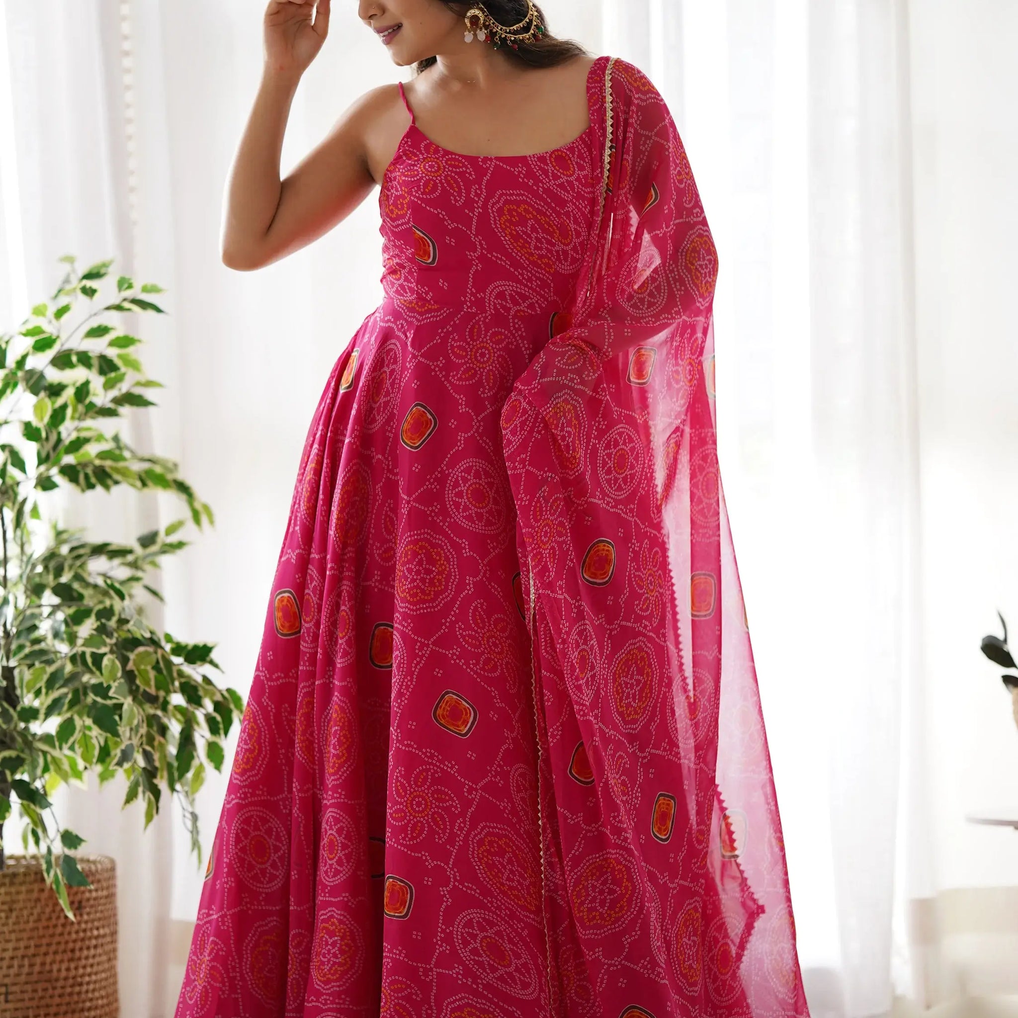 Precious Pink Bandhani Printed Chiffon Event Wear Gown With Dupatta - Zeel Clothing
