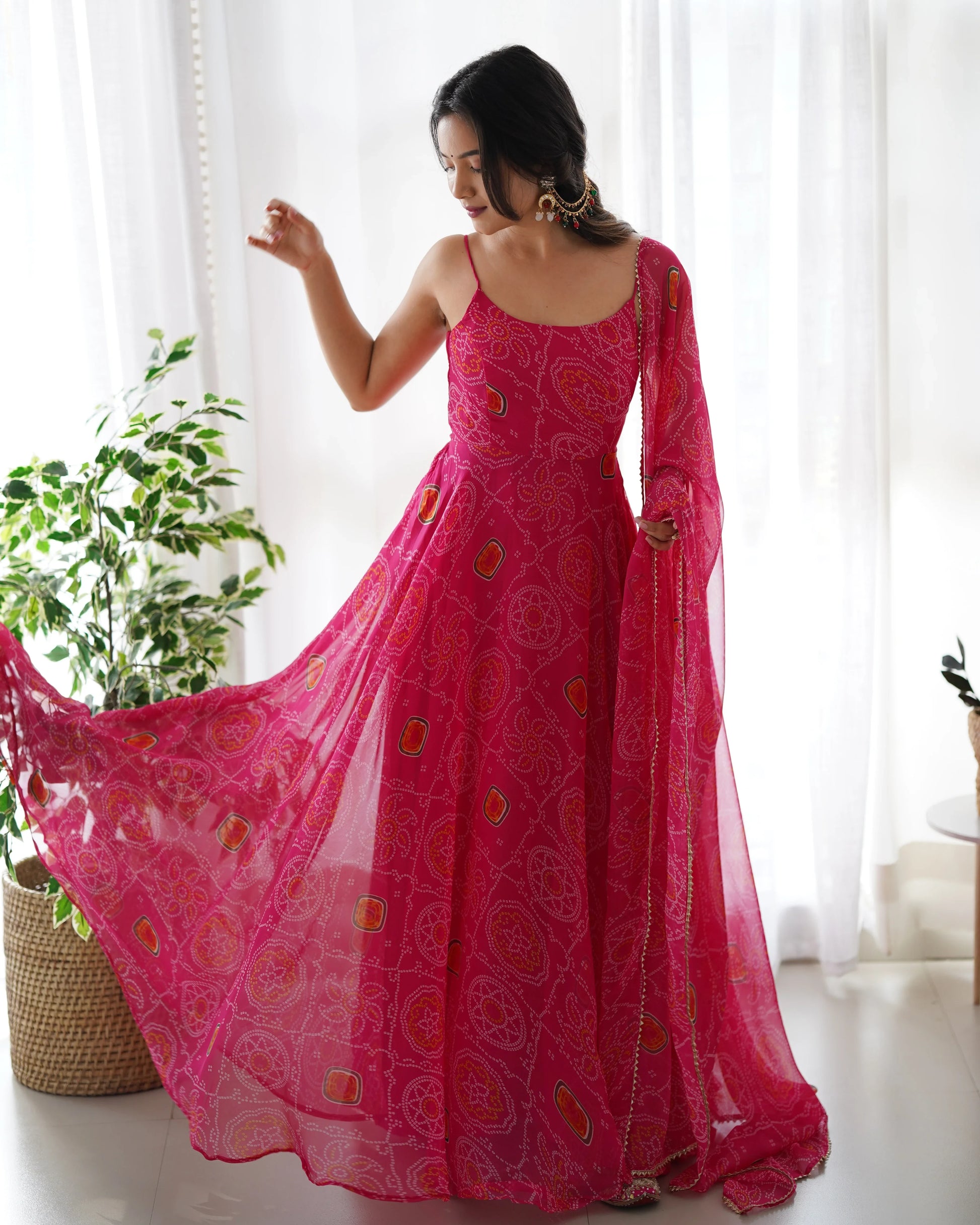 Precious Pink Bandhani Printed Chiffon Event Wear Gown With Dupatta - Zeel Clothing