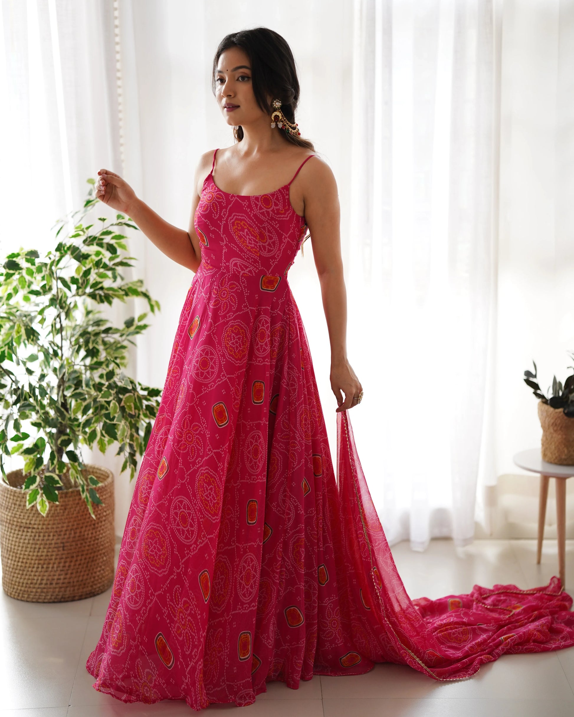 Precious Pink Bandhani Printed Chiffon Event Wear Gown With Dupatta - Zeel Clothing