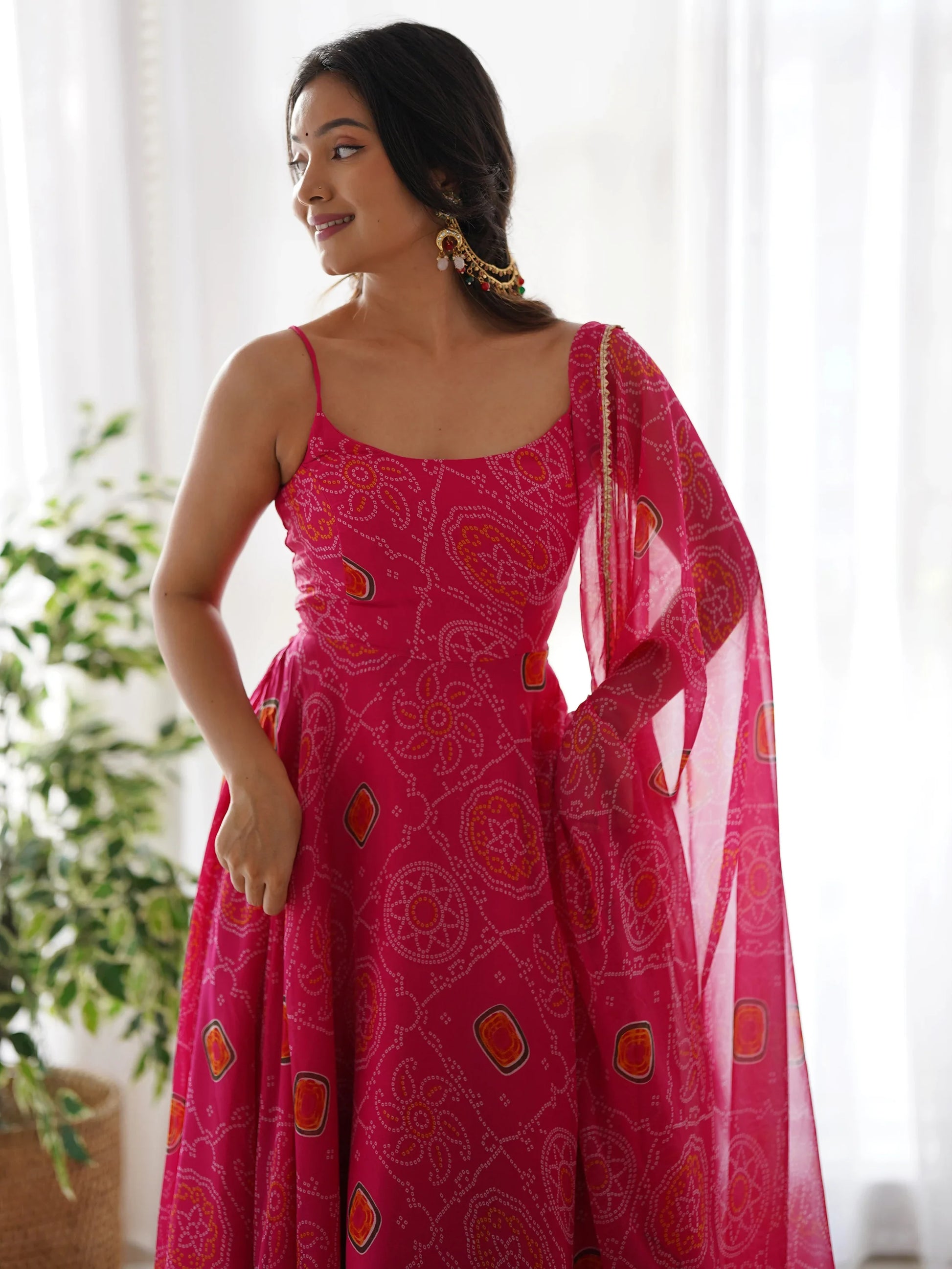 Precious Pink Bandhani Printed Chiffon Event Wear Gown With Dupatta - Zeel Clothing
