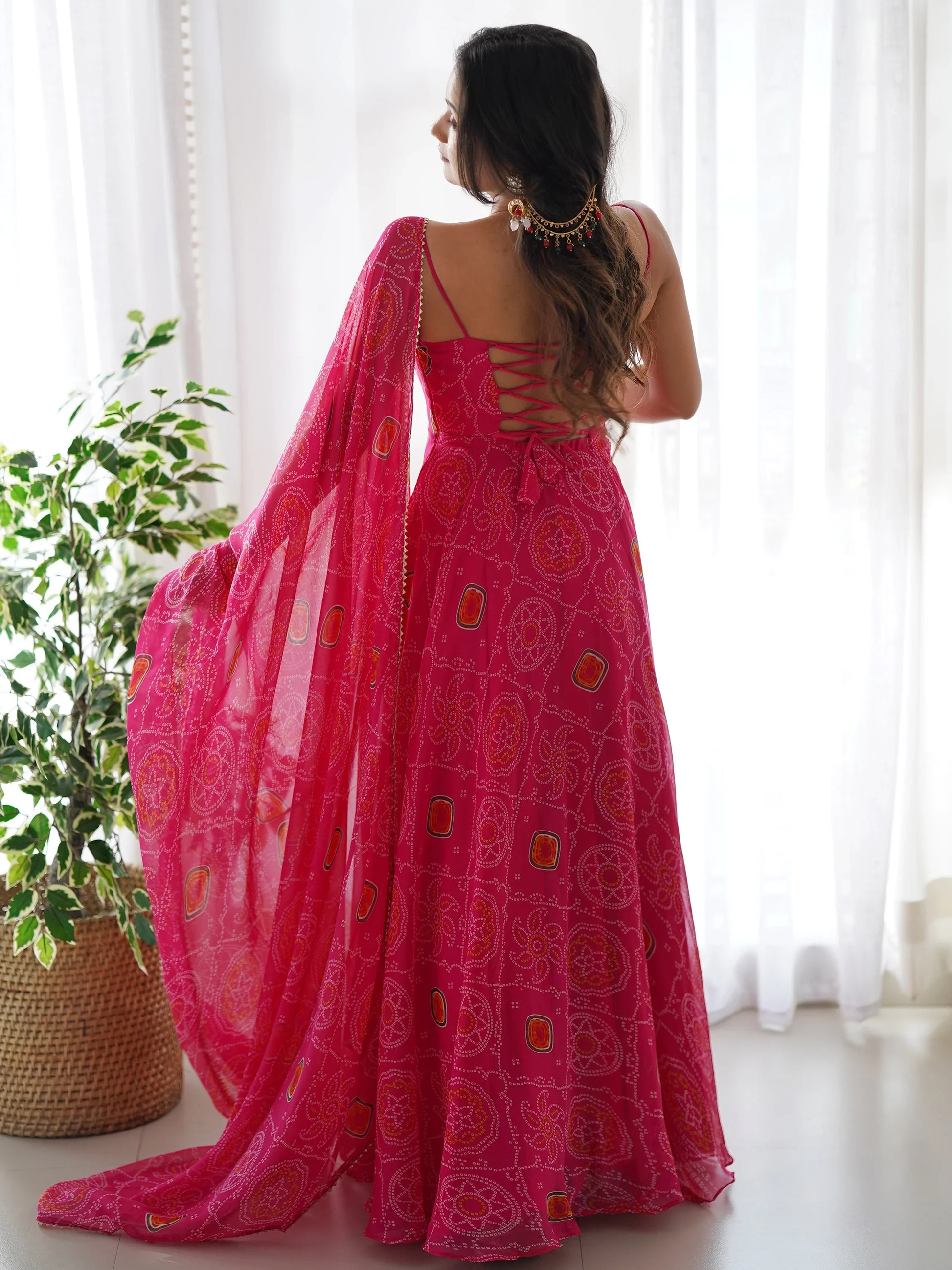 Precious Pink Bandhani Printed Chiffon Event Wear Gown With Dupatta - Zeel Clothing