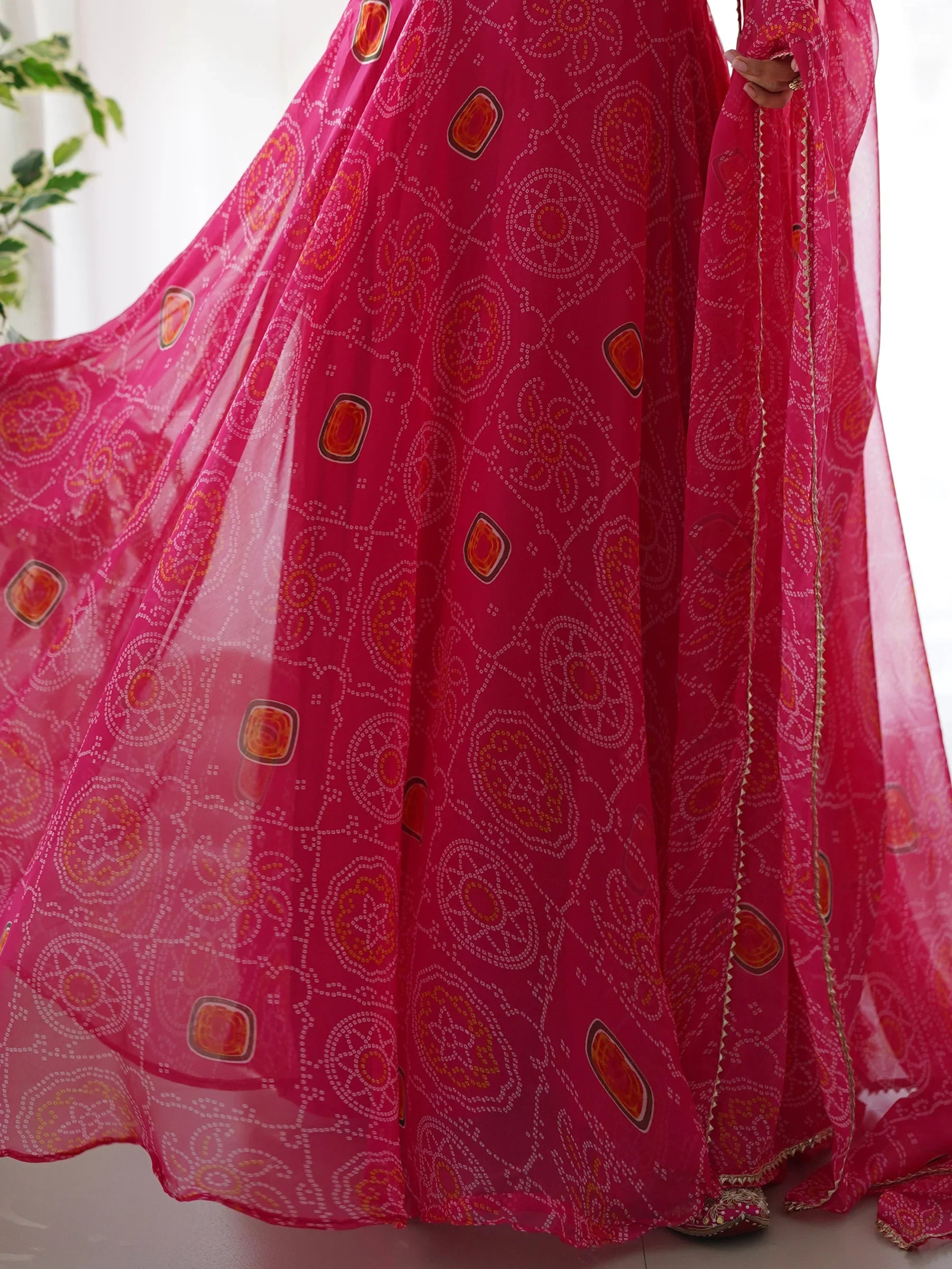 Precious Pink Bandhani Printed Chiffon Event Wear Gown With Dupatta - Zeel Clothing