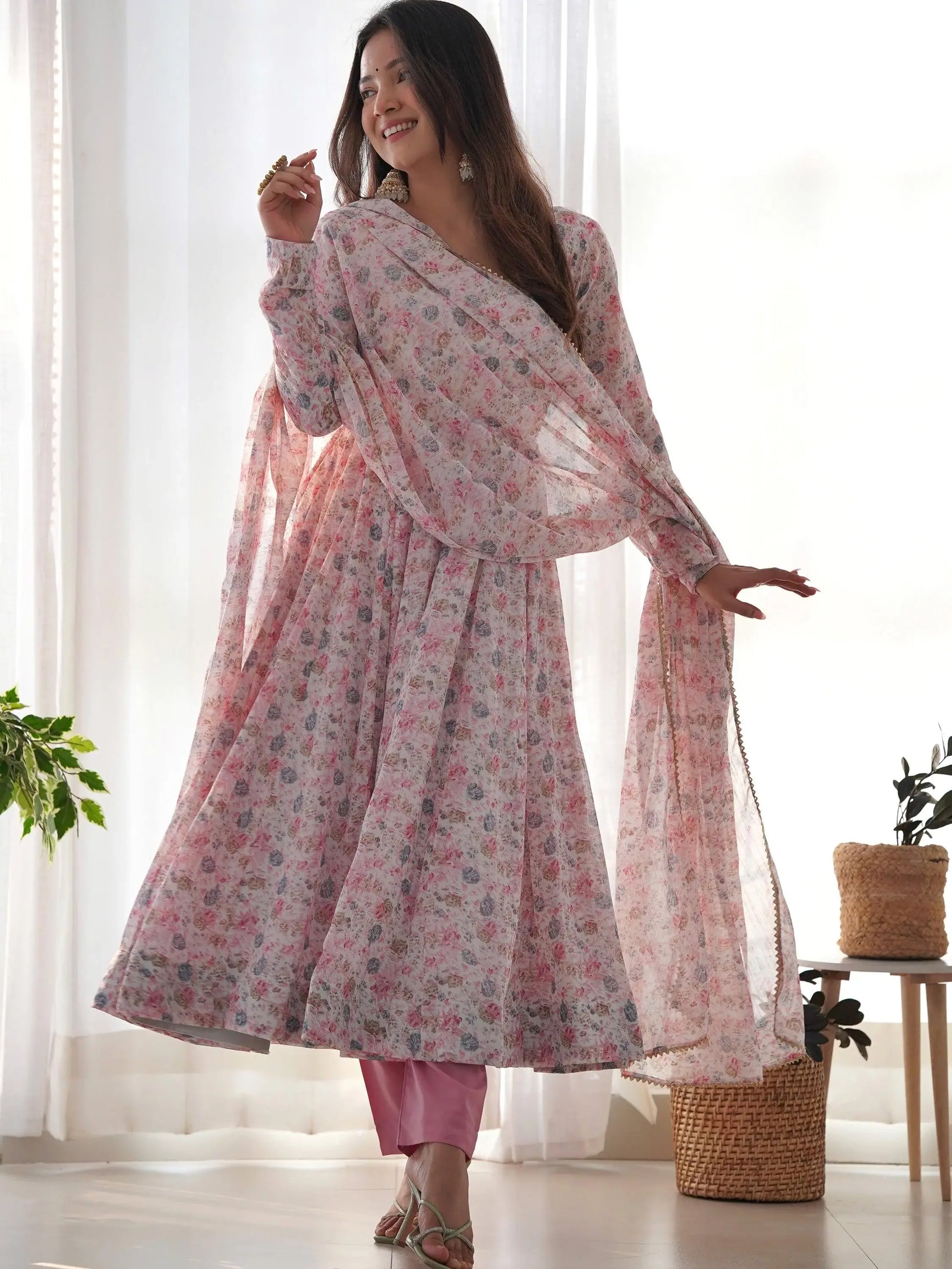Precious Pink Digital Printed Chiffon Anarkali Suit With Dupatta - Zeel Clothing