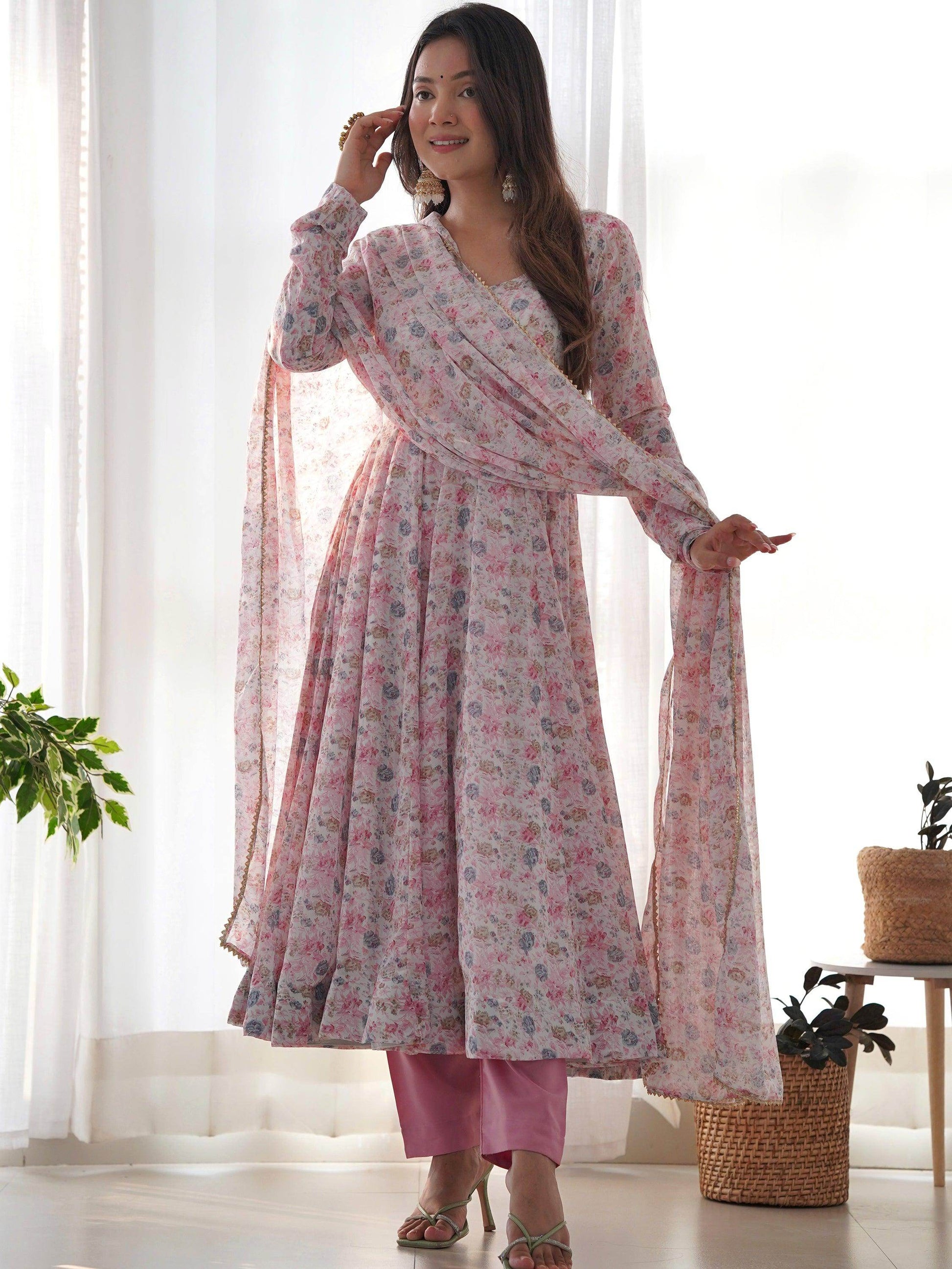 Precious Pink Digital Printed Chiffon Anarkali Suit With Dupatta - Zeel Clothing