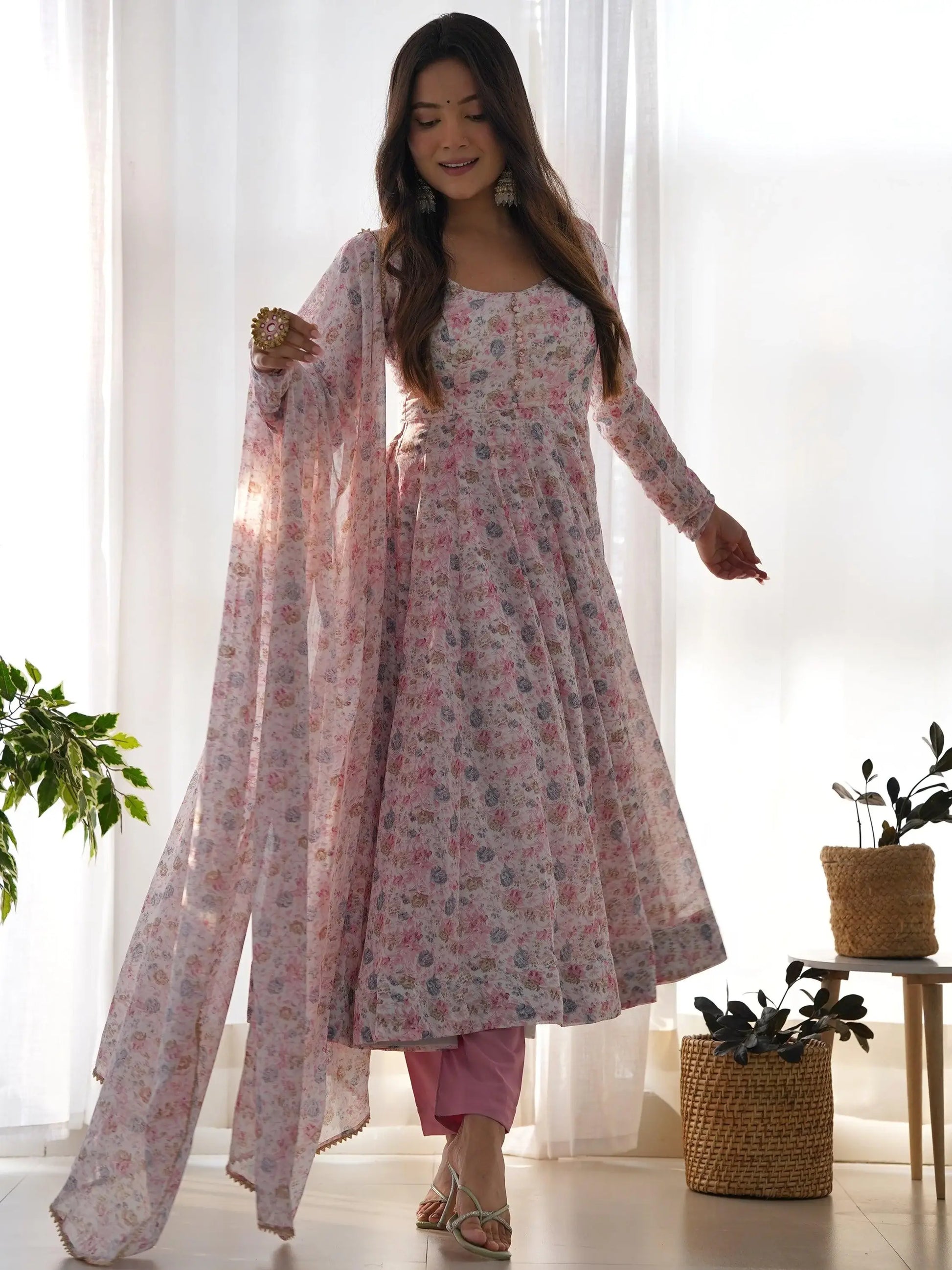 Precious Pink Digital Printed Chiffon Anarkali Suit With Dupatta - Zeel Clothing