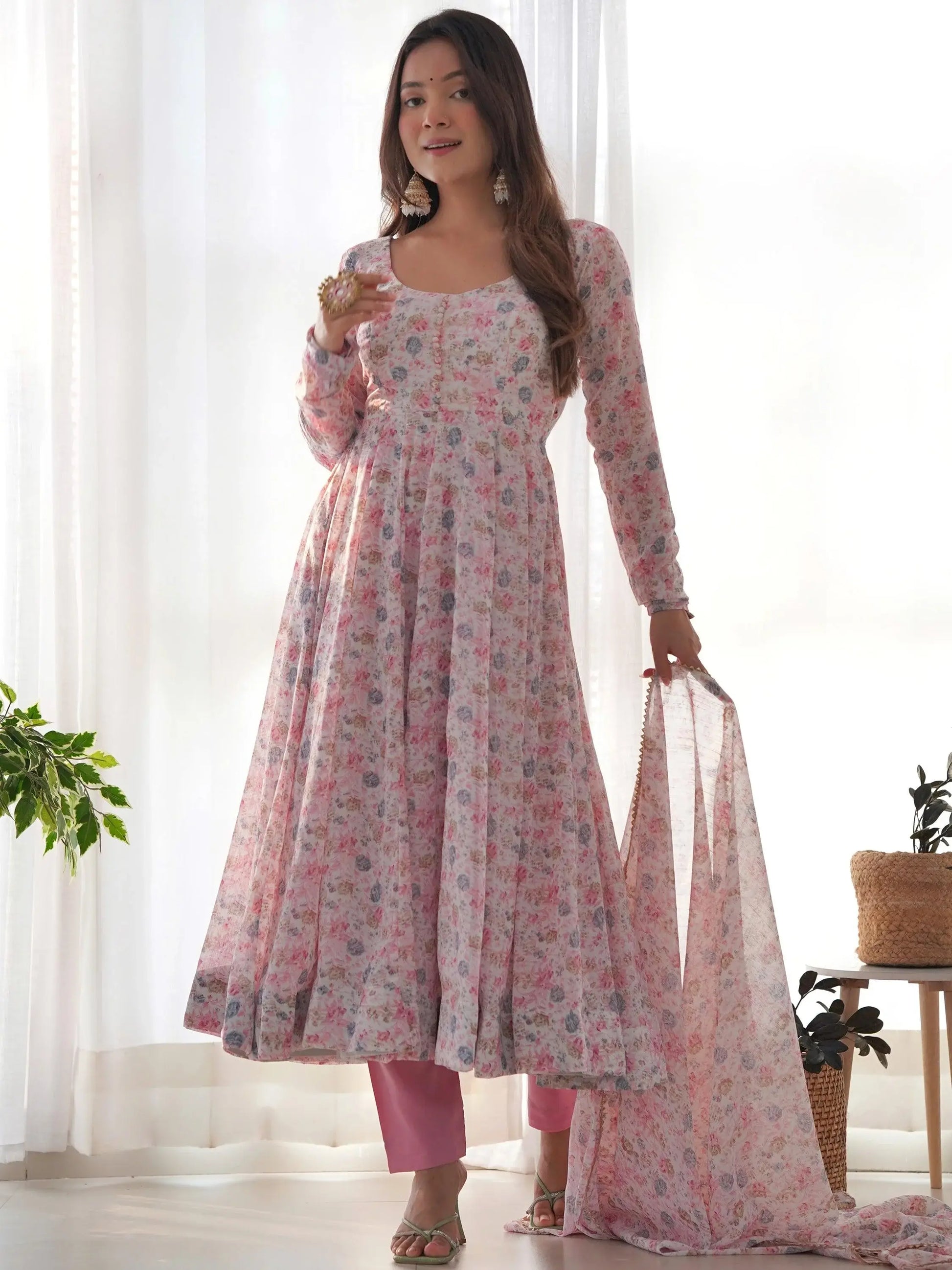 Precious Pink Digital Printed Chiffon Anarkali Suit With Dupatta - Zeel Clothing